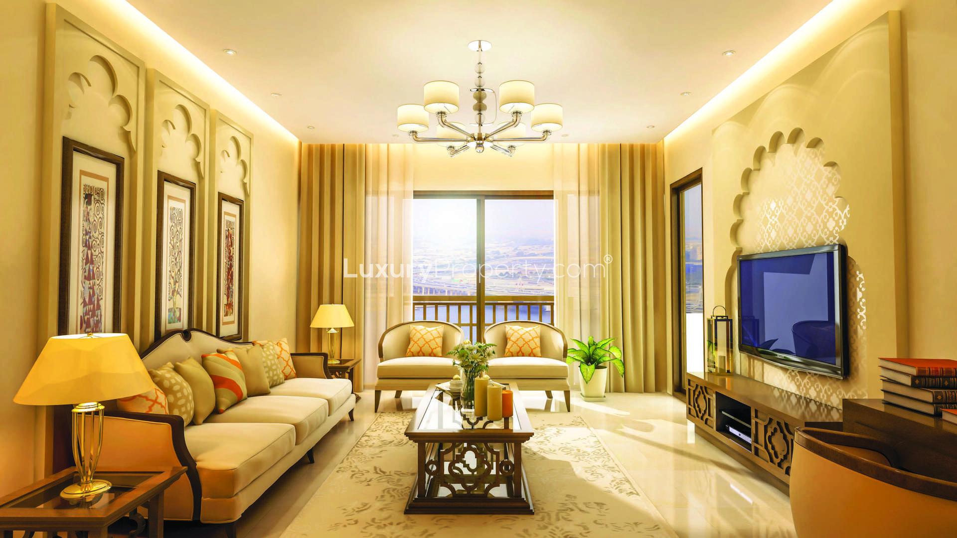 Aerial view of Manazel Al Khor, Dubai Creek, showcasing luxury apartments and waterfront scenery