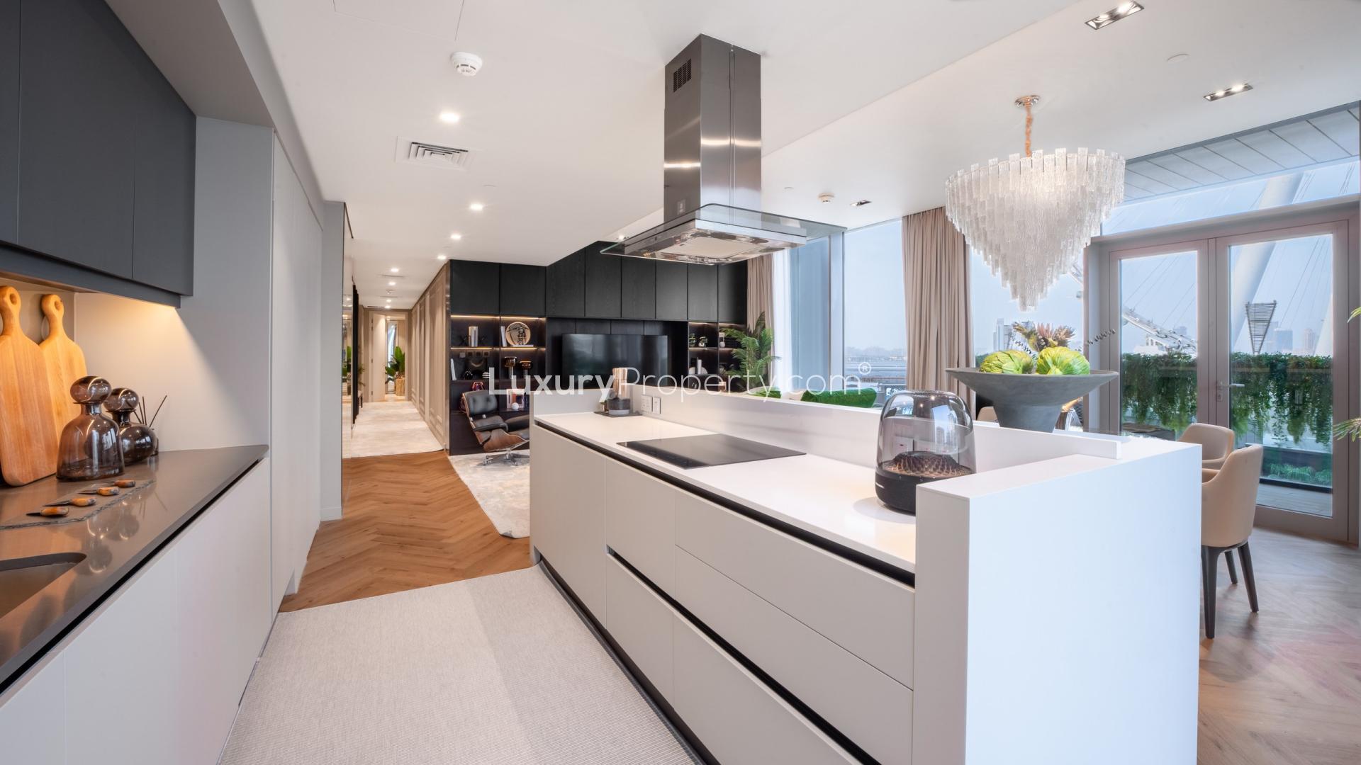 Dining area in stylish 3-bedroom apartment, Bluewaters Residences, with city view