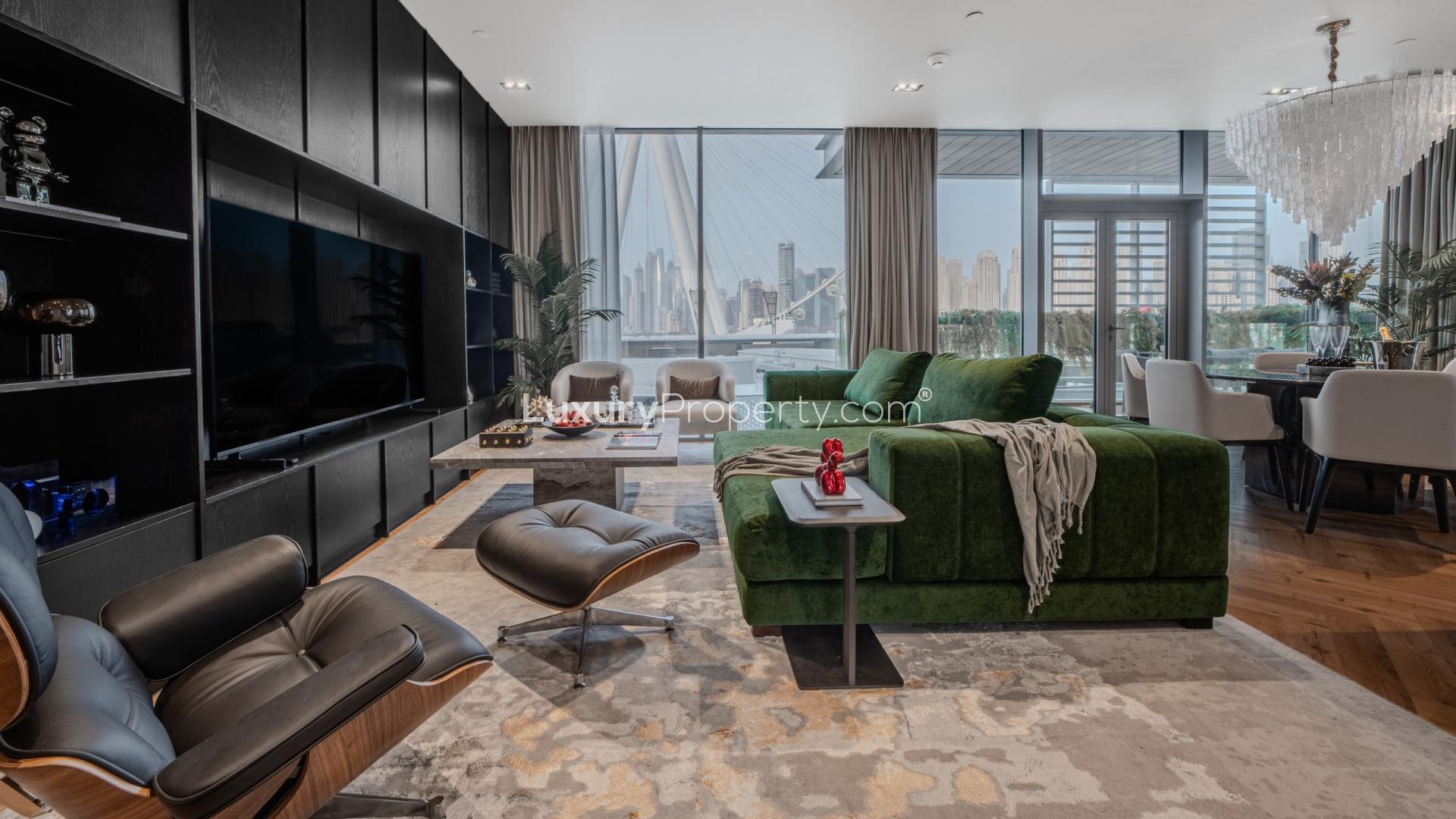 N/A,Stylish living room in 3-bedroom Bluewaters Residences apartment with city view