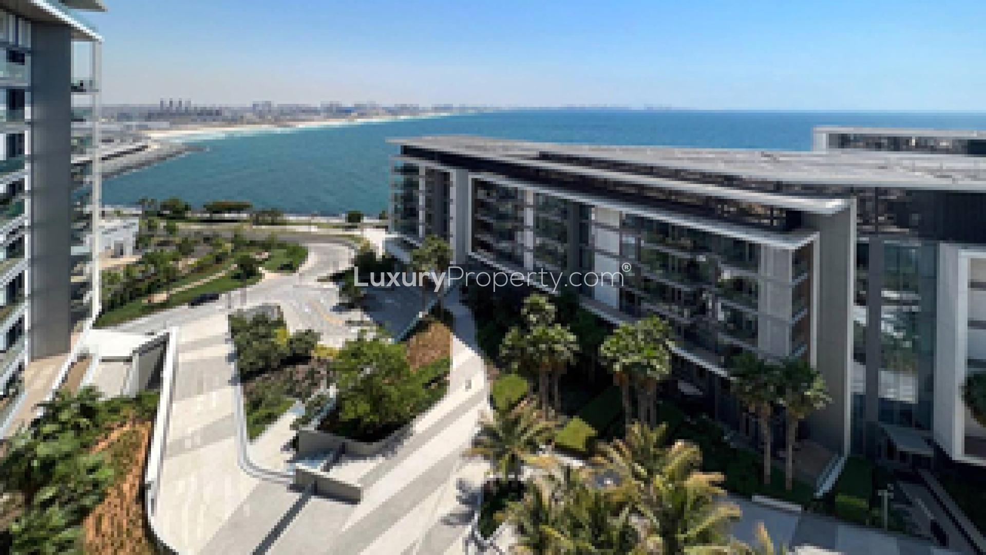 Modern living room in luxury Bluewaters Dubai apartment, featuring stylish furniture and large windows