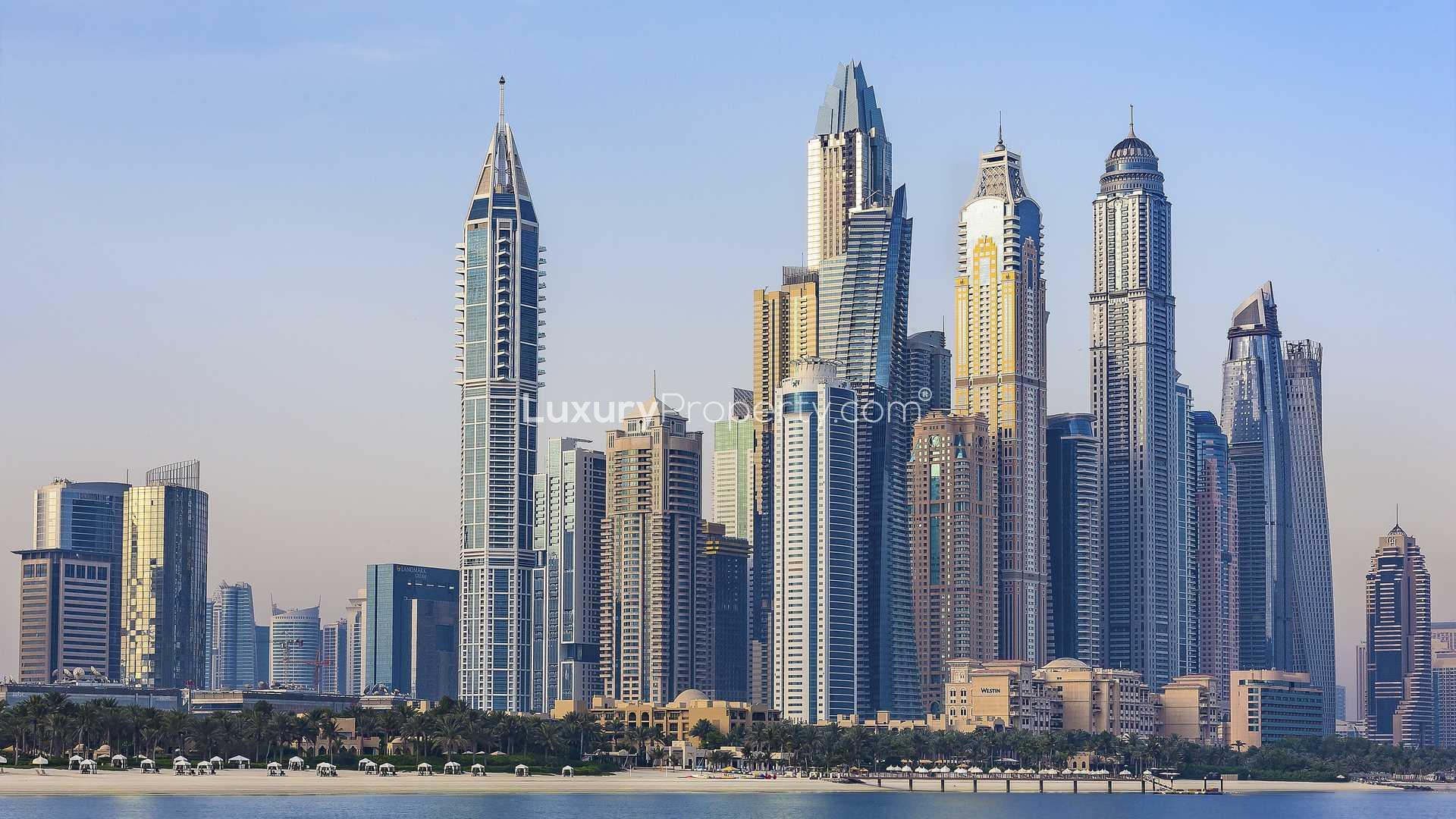 Skyline view from Marina Arcade Tower apartment, Dubai Marina, overlooking Palm Jumeirah and cityscape