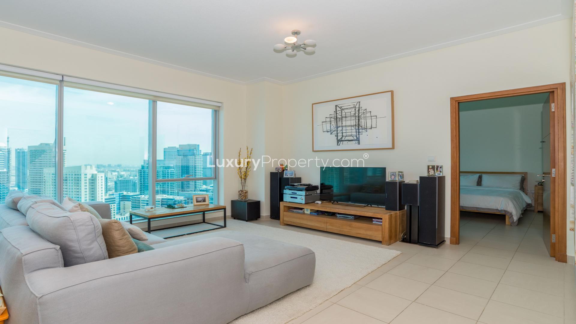 High-floor apartment balcony with stunning Dubai Marina view, Marina Promenade, for sale