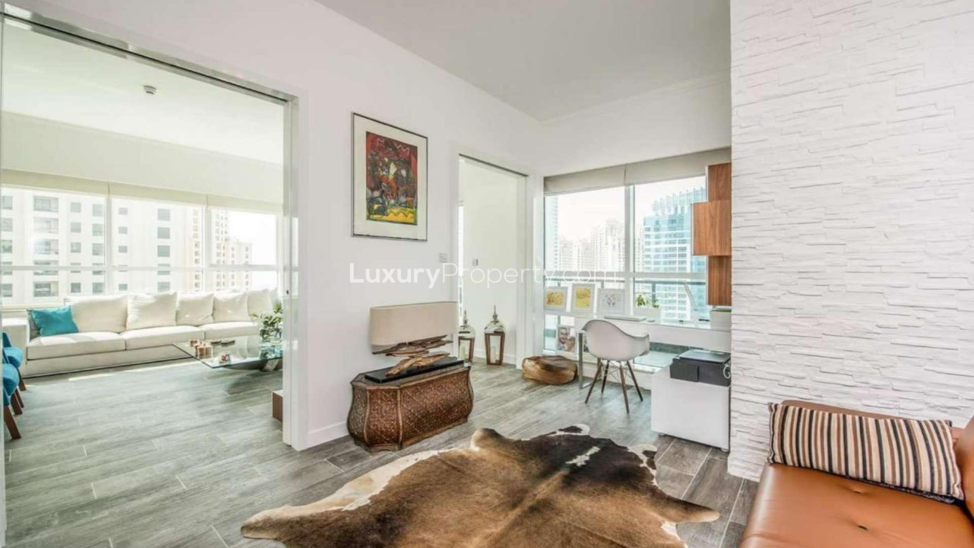 Luxurious open-plan living room in renovated 3-bedroom apartment, Marina Quays, Dubai Marina