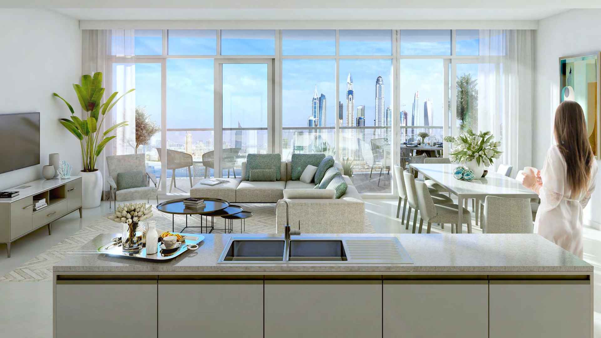 Stylish living room in Marina Vista apartment, Dubai Harbour with city skyline view