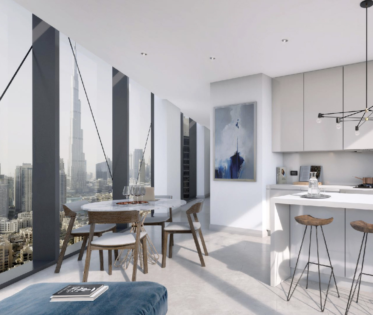 Luxurious open-plan living area in three-bedroom apartment, Marquise Square, Business Bay