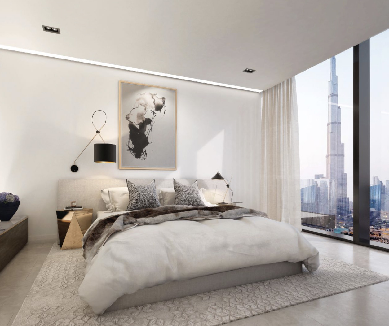 Luxurious Marquise Square apartment with Burj Khalifa view, modern kitchen, and dining area