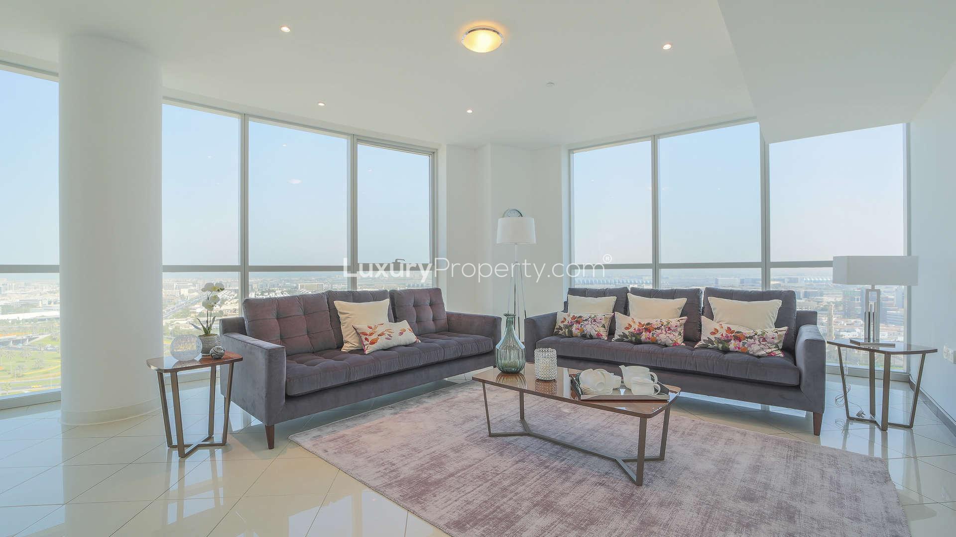 Luxurious living room in three-bedroom apartment, Marsa Plaza, Dubai Festival City, panoramic views