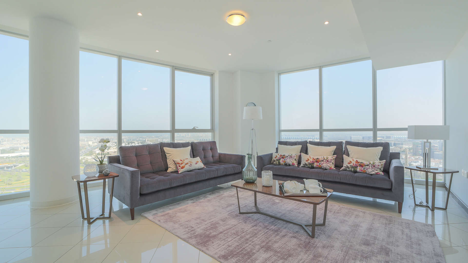 Luxurious living room in three-bedroom apartment, Marsa Plaza, Dubai Festival City, panoramic views