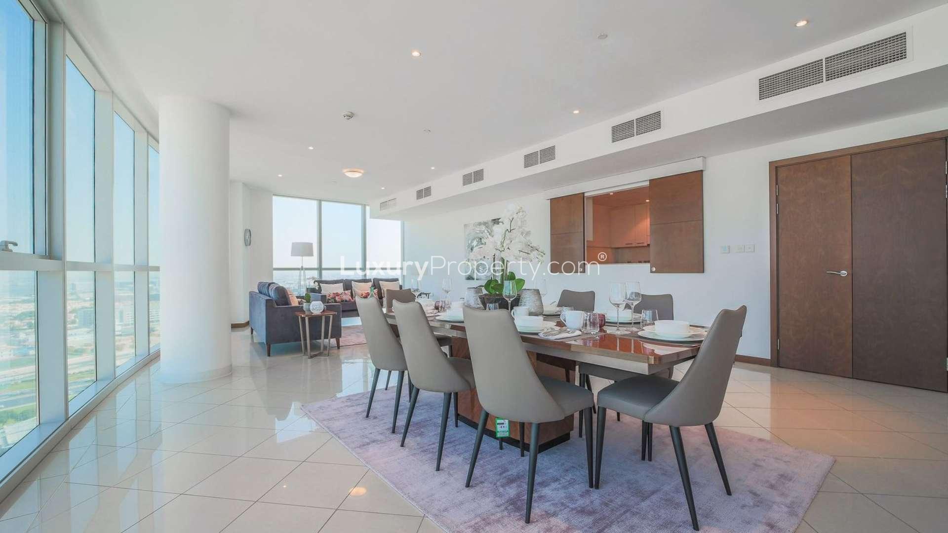 Bright living and dining area in three-bedroom apartment, Marsa Plaza, Dubai Festival City