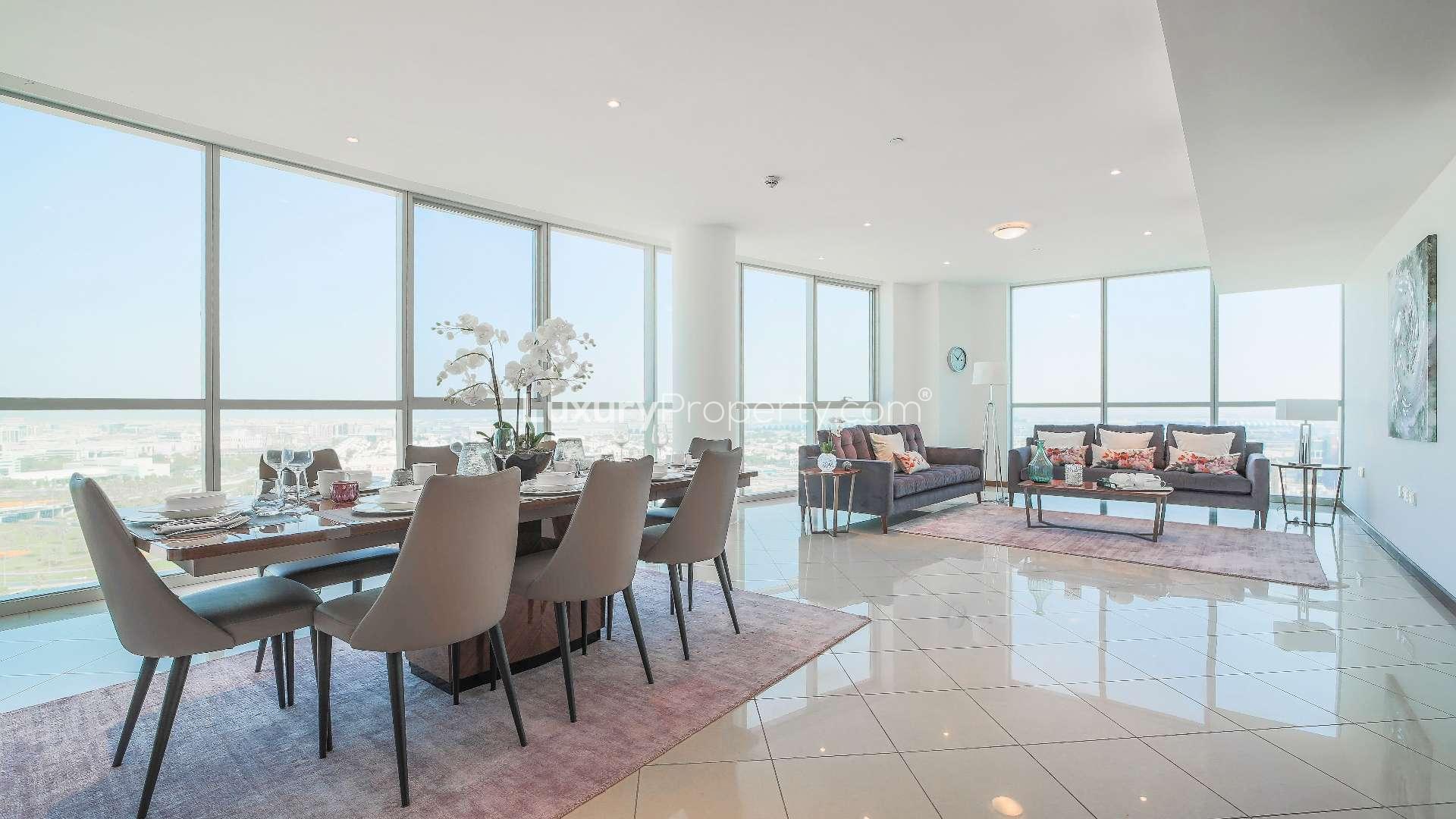 Spacious living room in Dubai Festival City apartment with city views and modern decor