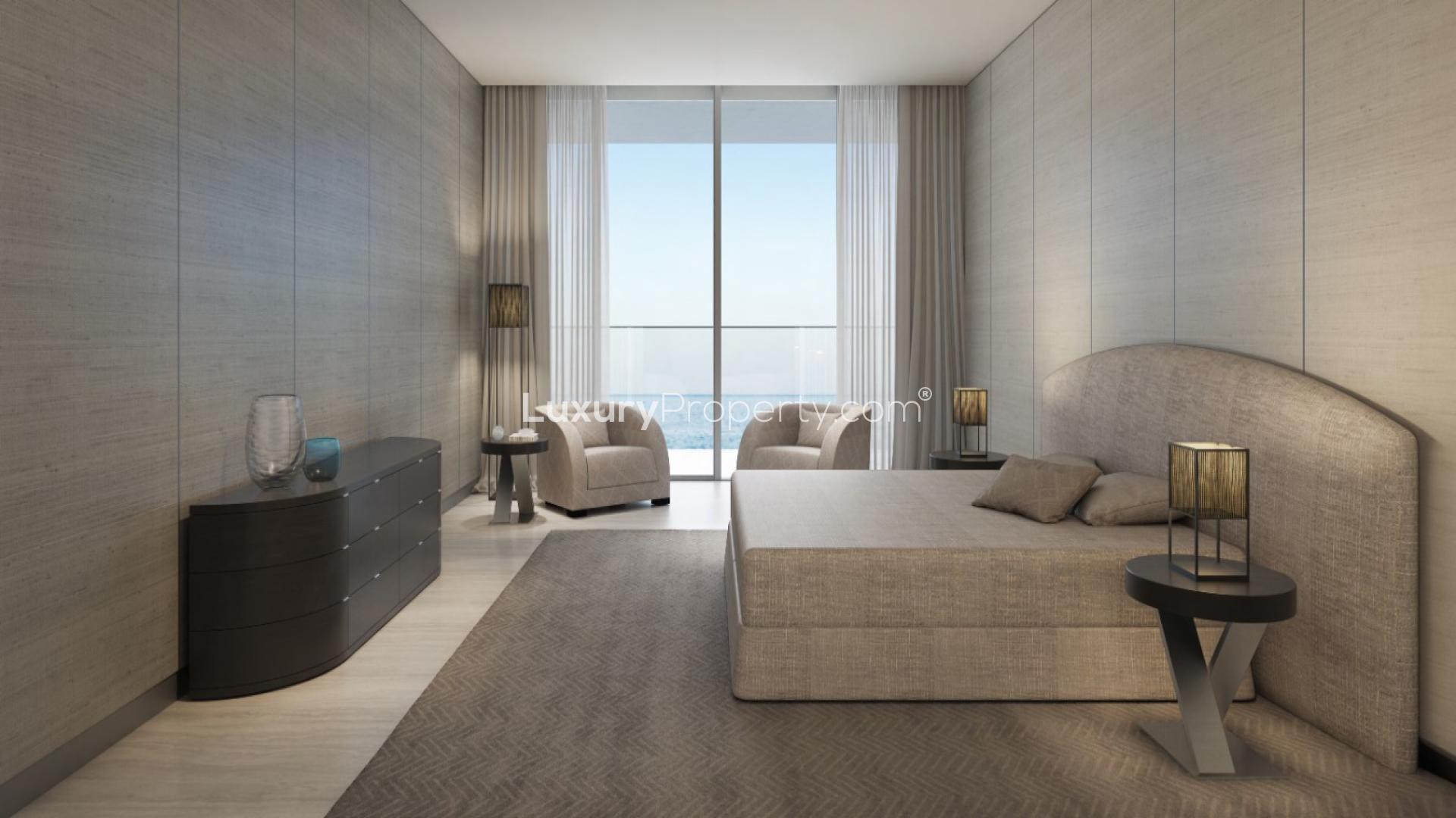 Luxurious bedroom in Armani Beach Residences, Palm Jumeirah with ocean view
