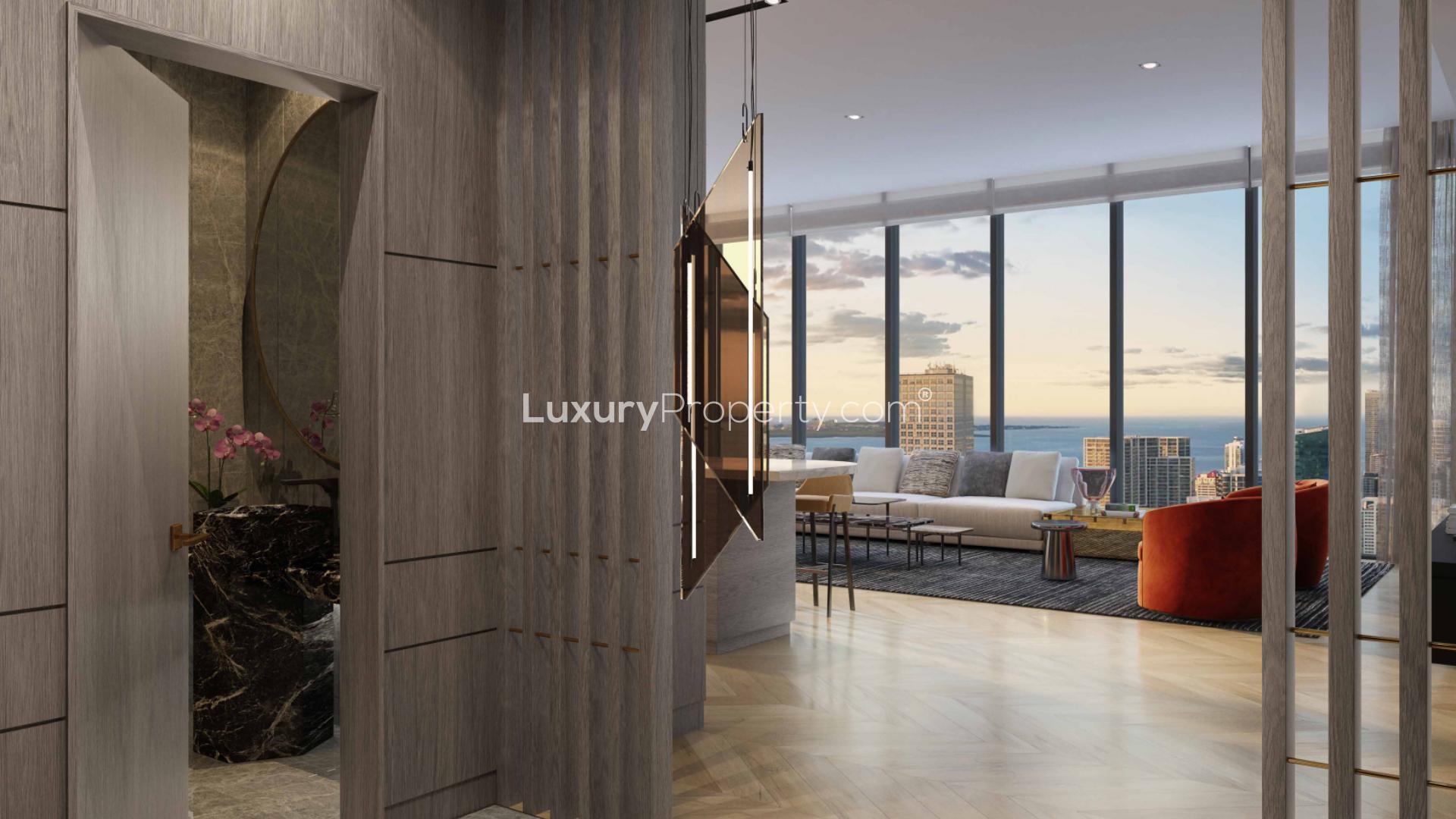 Aerial view of Miami skyline near Waldorf Astoria, highlighting luxury apartment location for sale