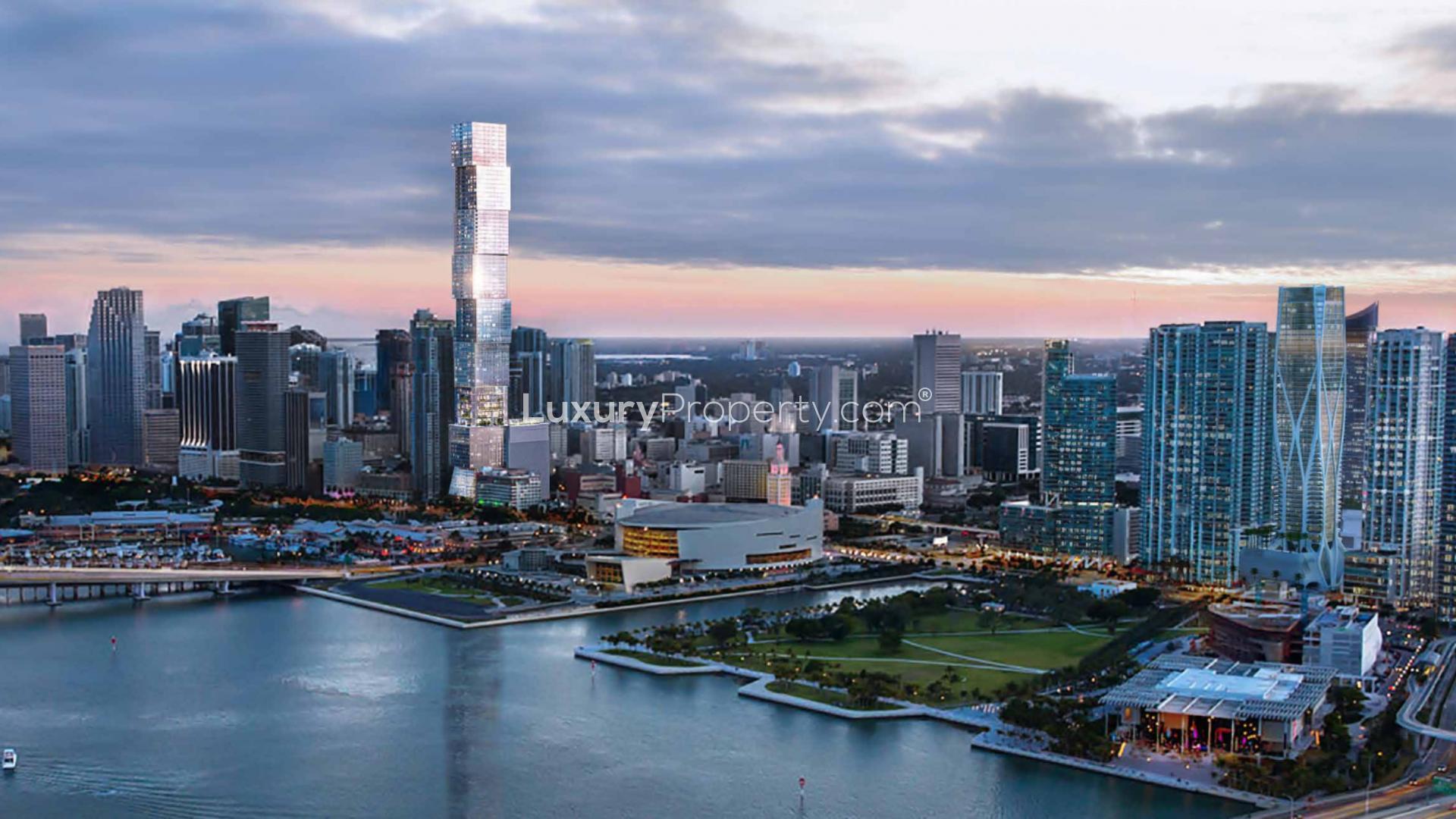 Luxurious Miami apartment interior with panoramic views, modern kitchen, and spacious living area