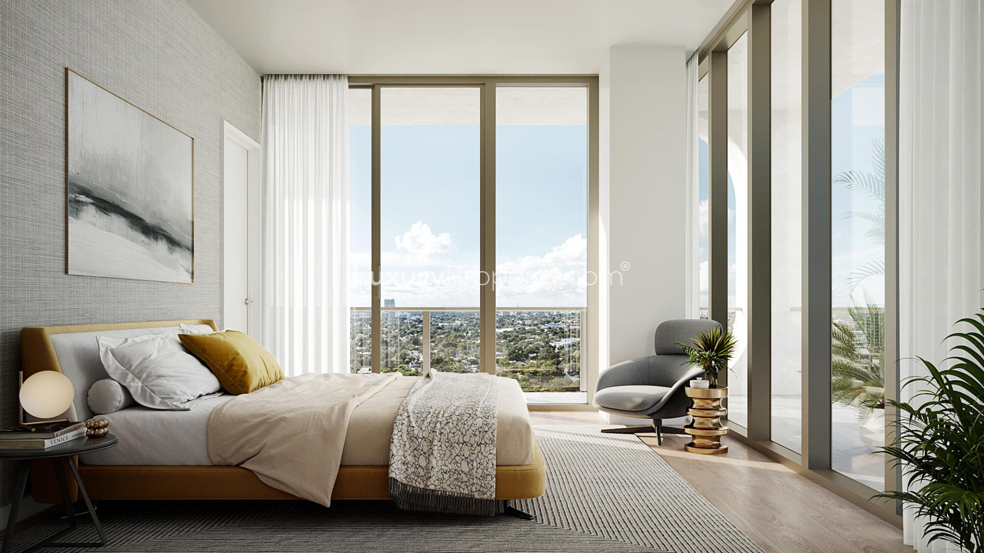 Modern living room in Miami apartment with large windows and stylish furnishings