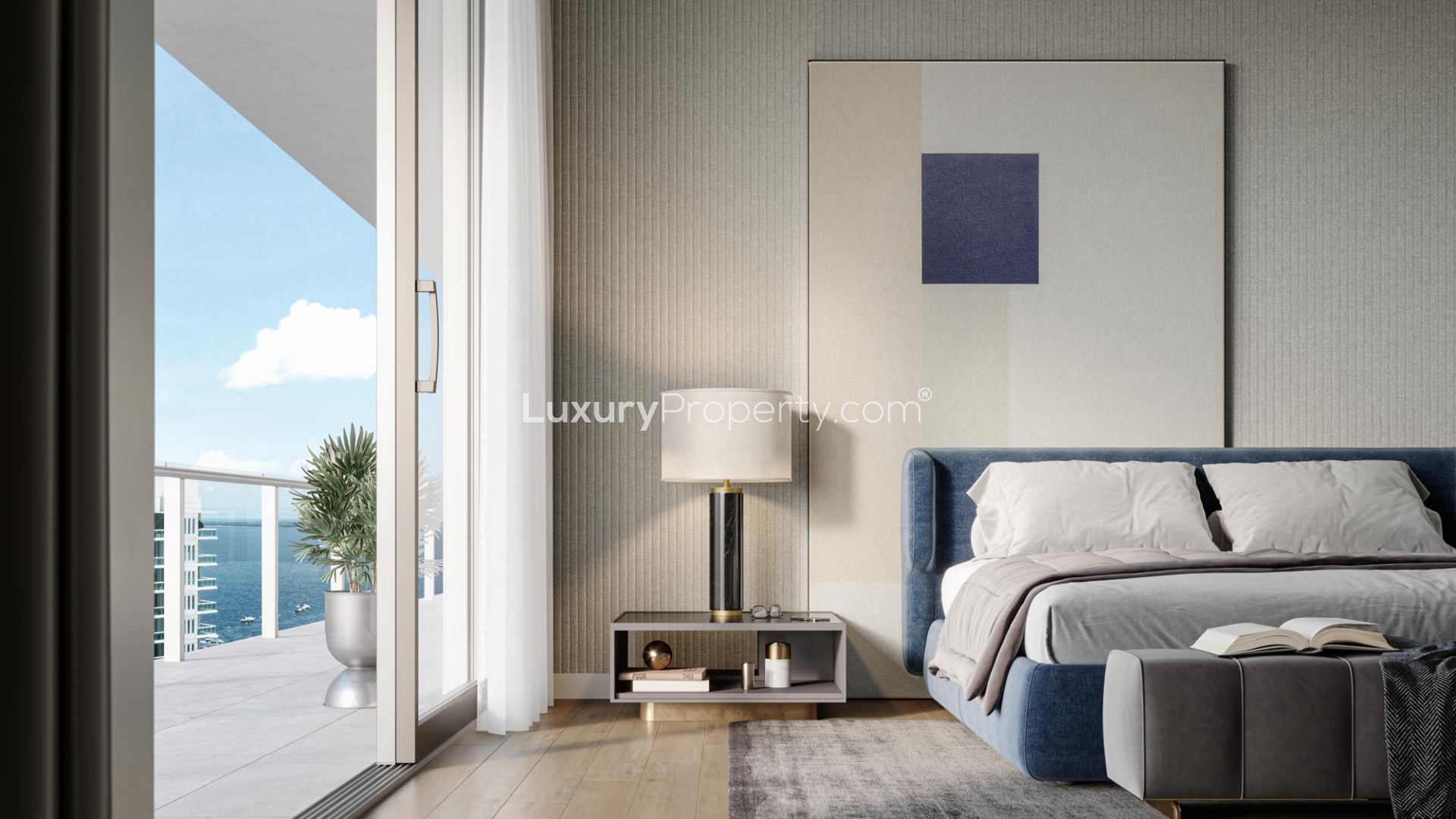 Luxurious bedroom with large windows offering stunning Miami city views in Tigertail apartment