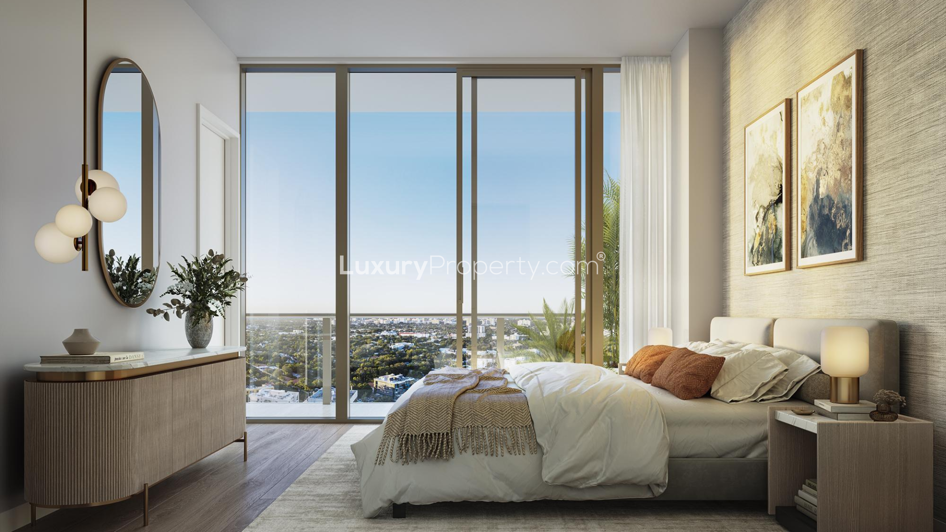 Modern bedroom with large windows and terrace view in Miami apartment for sale