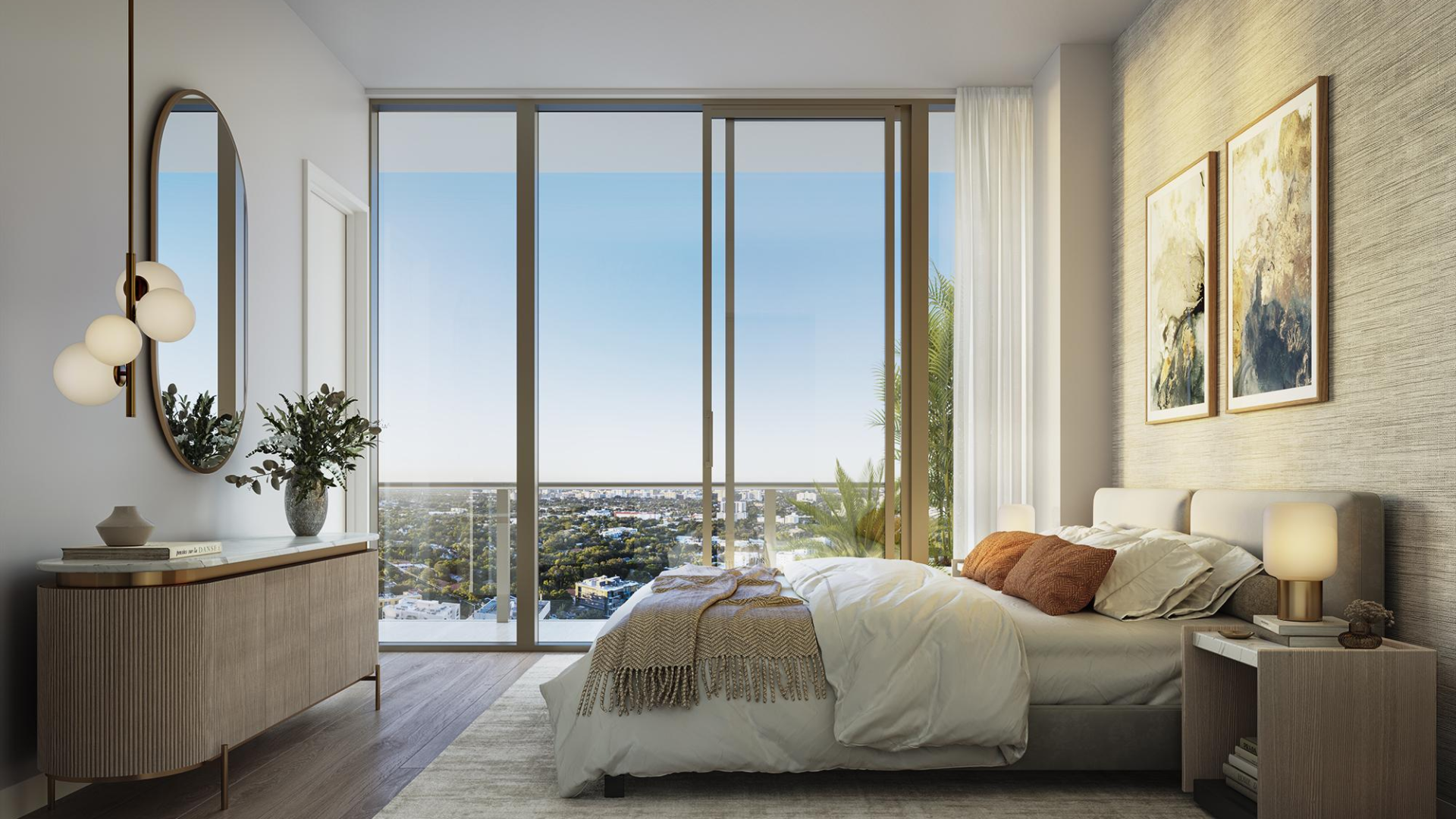 Modern bedroom with large windows and terrace view in Miami apartment for sale