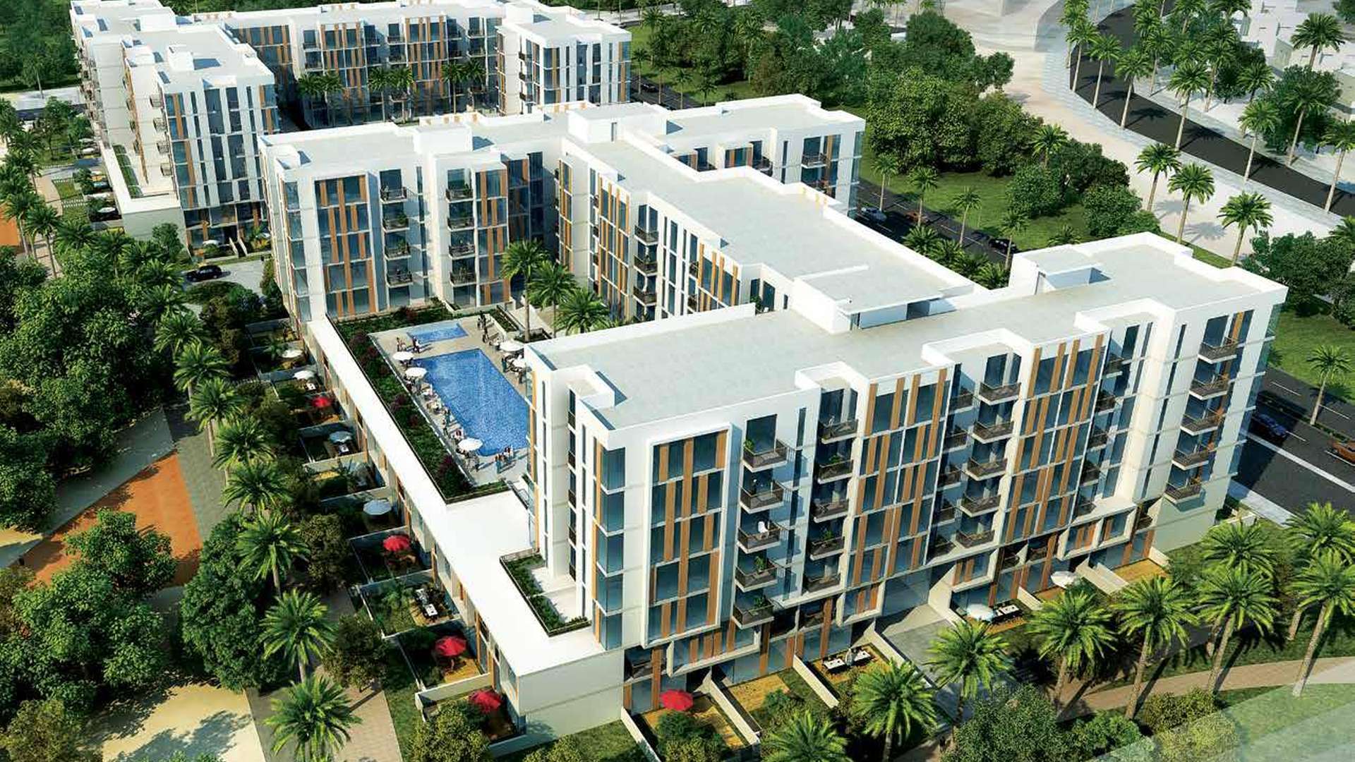 Exterior view of modern apartments in Mudon Views, Dubailand, available for sale