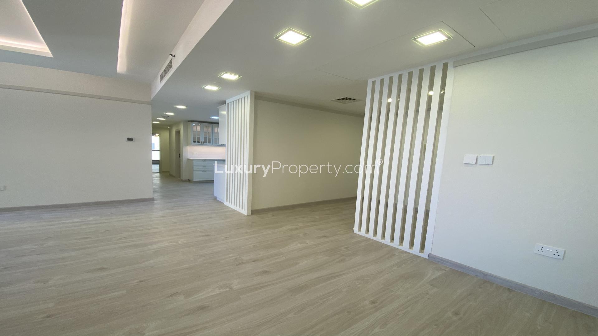 "Stunning sea view from upgraded 3-bedroom apartment balcony in Murjan, Jumeirah Beach Residence.",Spacious upgraded apartment interior with modern kitchen in Murjan, Jumeirah Beach Residence