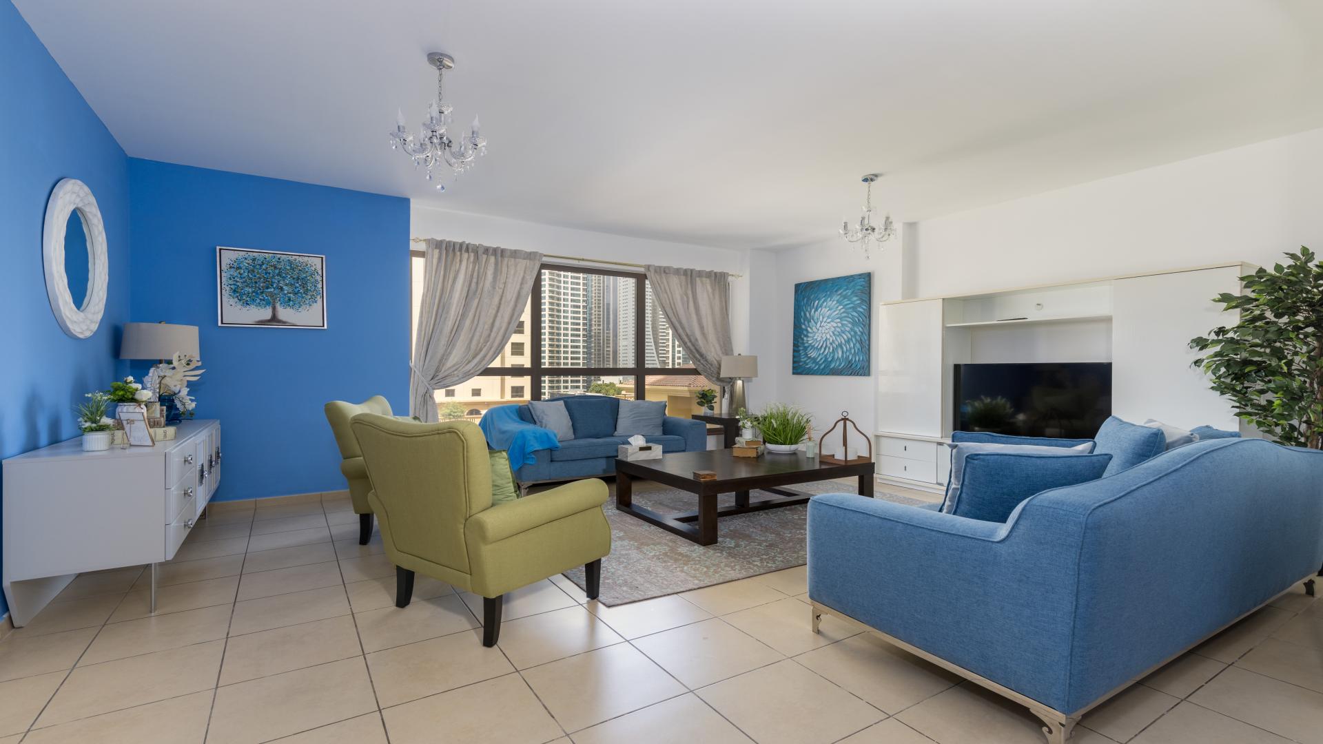 Balcony view from furnished 3-bedroom apartment in Jumeirah Beach Residence, Murjan, overlooking pool area