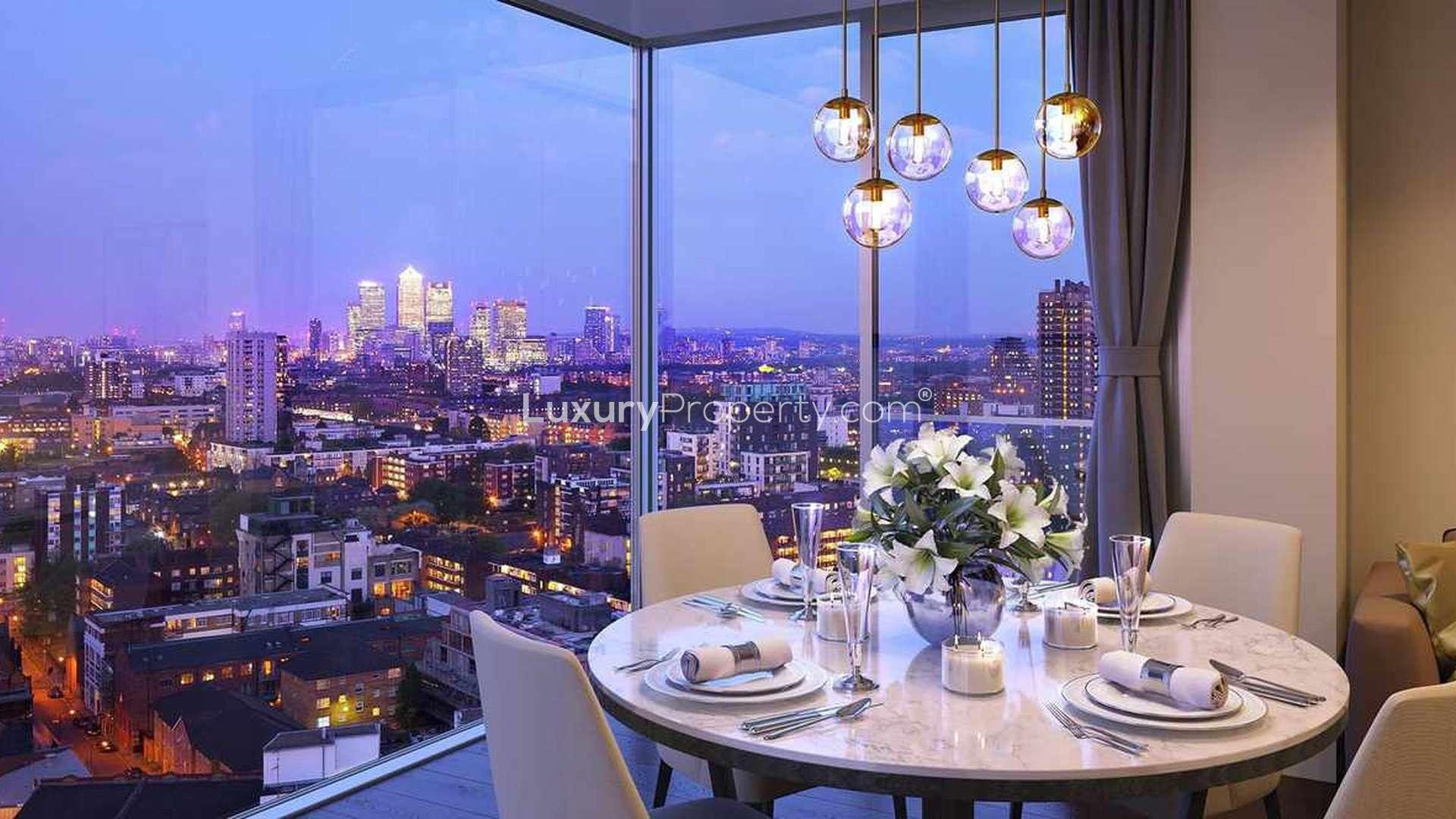 Gorgeous living room in three-bedroom apartment, Neroli House, Aldgate, UK, modern decor, bright interior