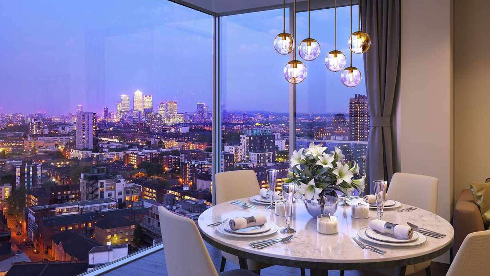 Gorgeous living room in three-bedroom apartment, Neroli House, Aldgate, UK, modern decor, bright interior