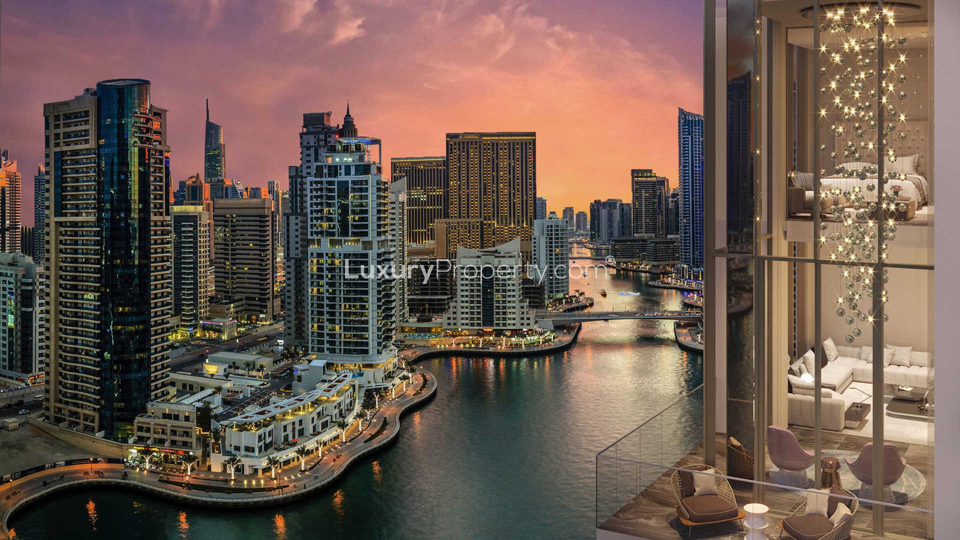 Luxurious living room with Dubai Marina skyline view in 3-bedroom apartment for sale