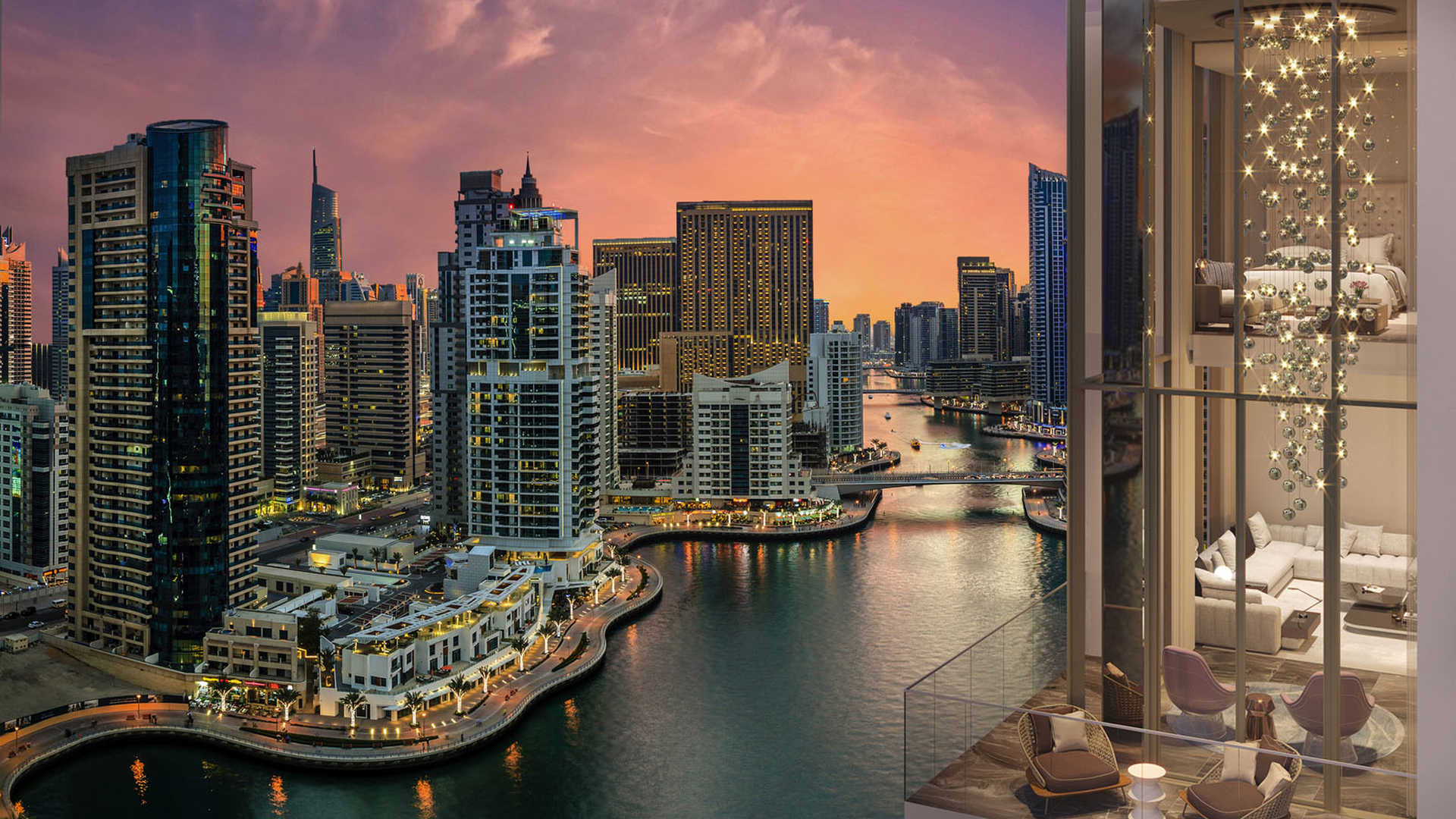 Luxurious living room with Dubai Marina skyline view in 3-bedroom apartment for sale