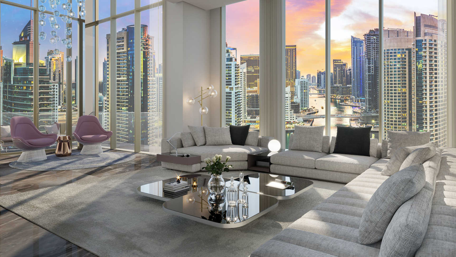 Modern kitchen in 3-bedroom Dubai Marina apartment, featuring sleek cabinetry and dining area