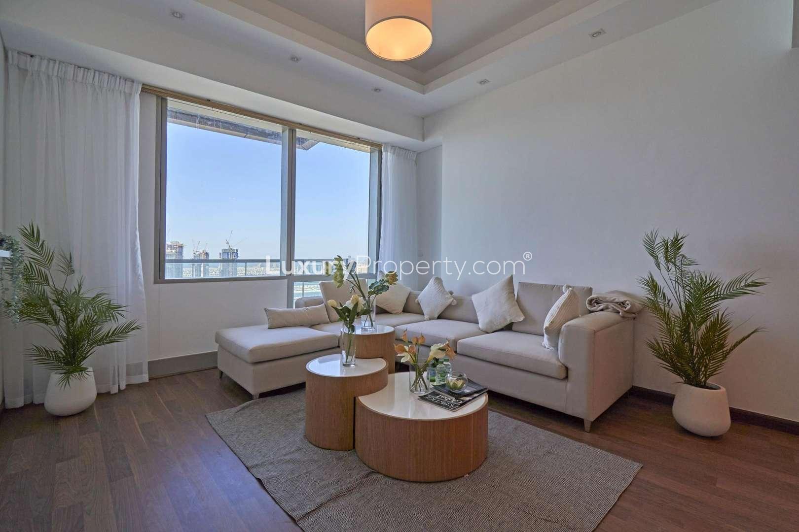 Stunning living room with sea view in 3-bedroom apartment, Ocean Heights, Dubai Marina