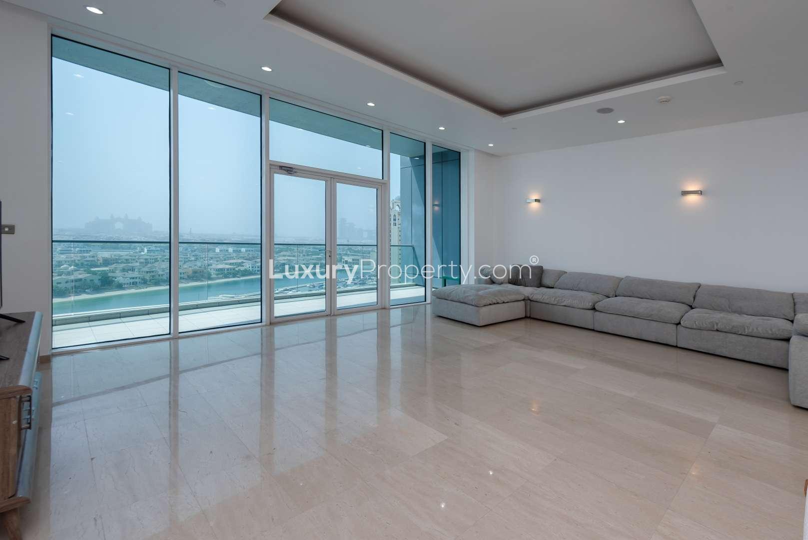 High-floor apartment living room with panoramic Palm Jumeirah view, Oceana, three-bed, for sale