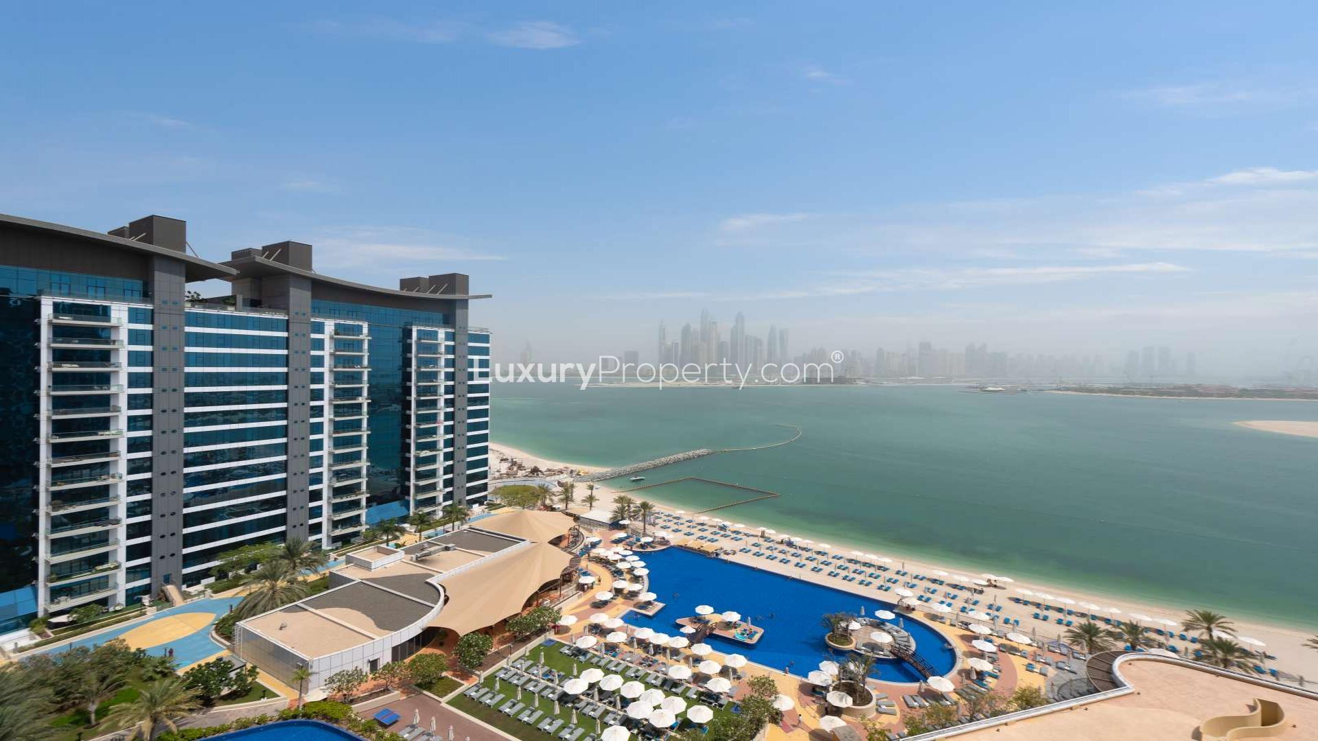 Spacious living room in modern Palm Jumeirah apartment with ocean views