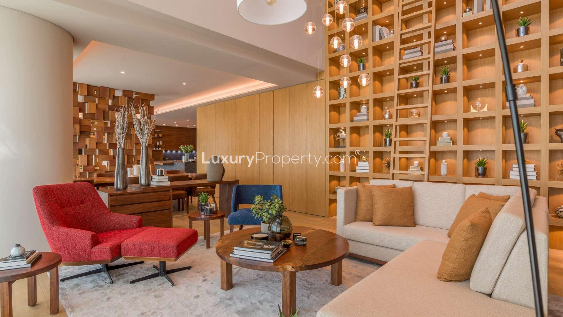 Luxurious kitchen and living area in Palm Jumeirah sky home, modern design, high floor