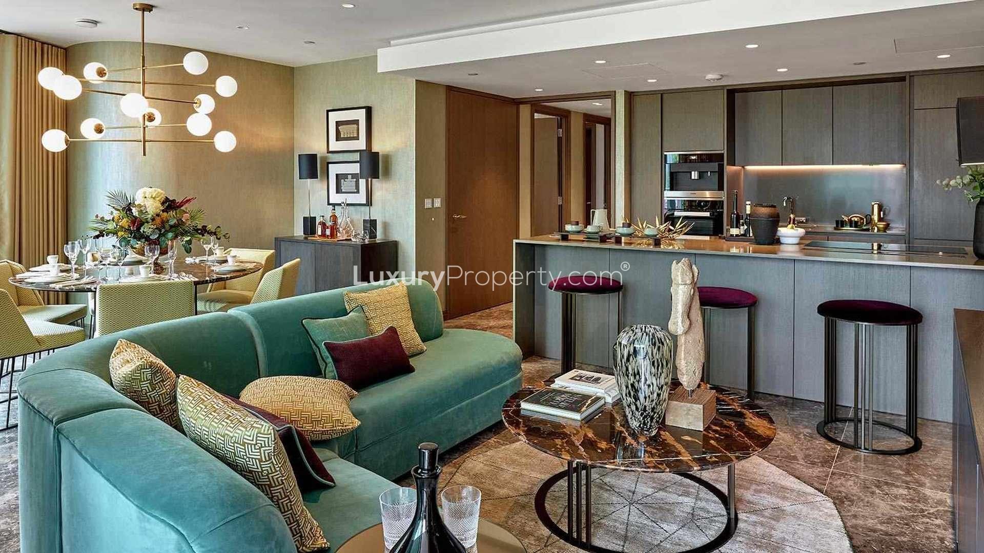 Luxurious kitchen in One Blackfriars apartment, Southwark, featuring modern design and appliances