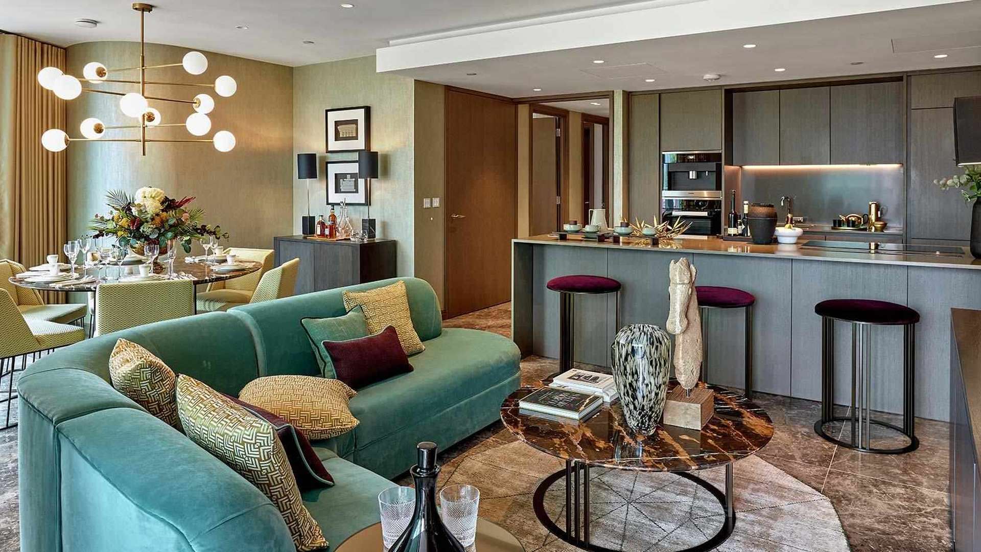 Luxurious kitchen in One Blackfriars apartment, Southwark, featuring modern design and appliances