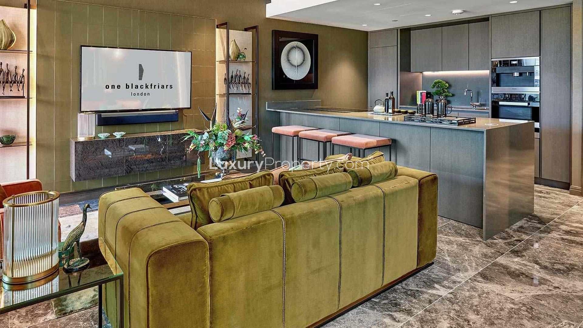 Luxurious bathroom in One Blackfriars apartment, featuring marble surfaces and elegant fixtures
