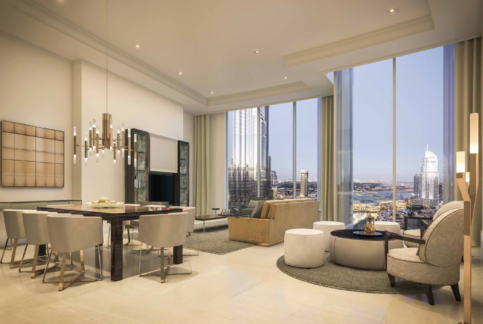 Luxurious living room in three-bedroom Opera Grand apartment, Downtown Dubai, Burj Khalifa Area