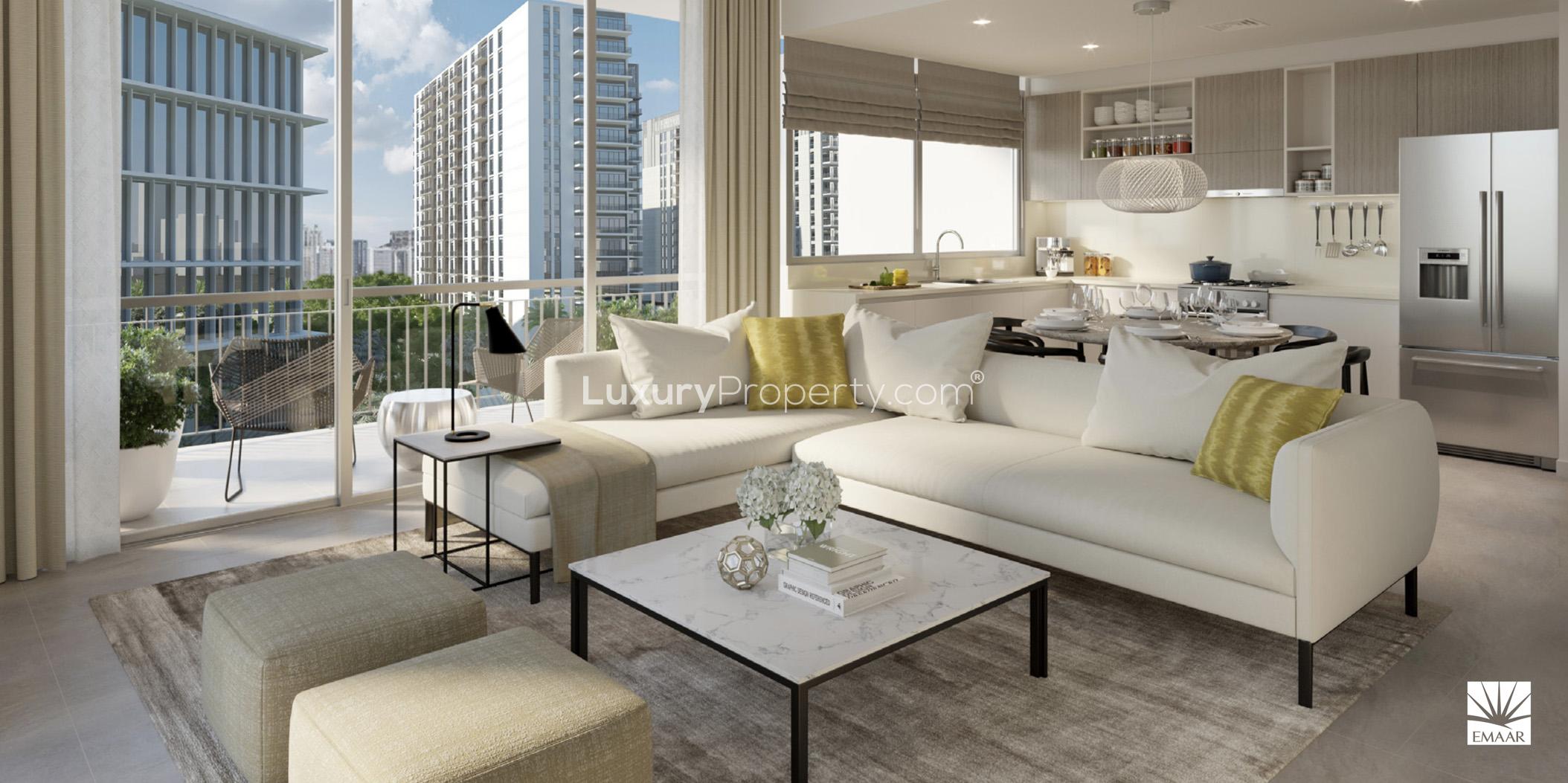 Luxurious bedroom in Park Heights apartment, Dubai Hills, featuring modern decor and balcony view