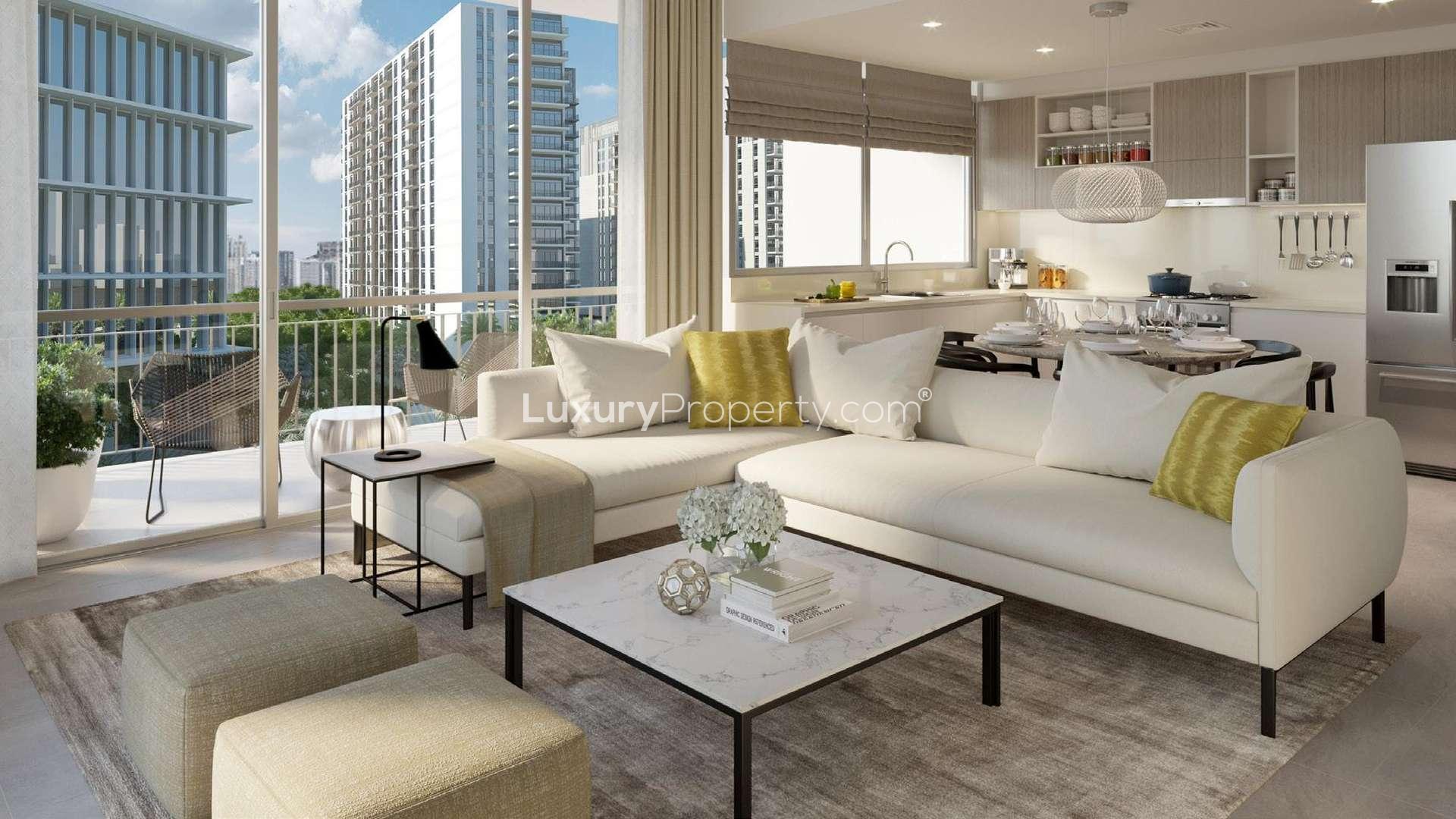 "Spacious balcony view from Park Heights apartment in Dubai Hills Estate for sale.",Modern living room in Park Heights apartment, Dubai Hills Estate, with stylish decor and balcony view