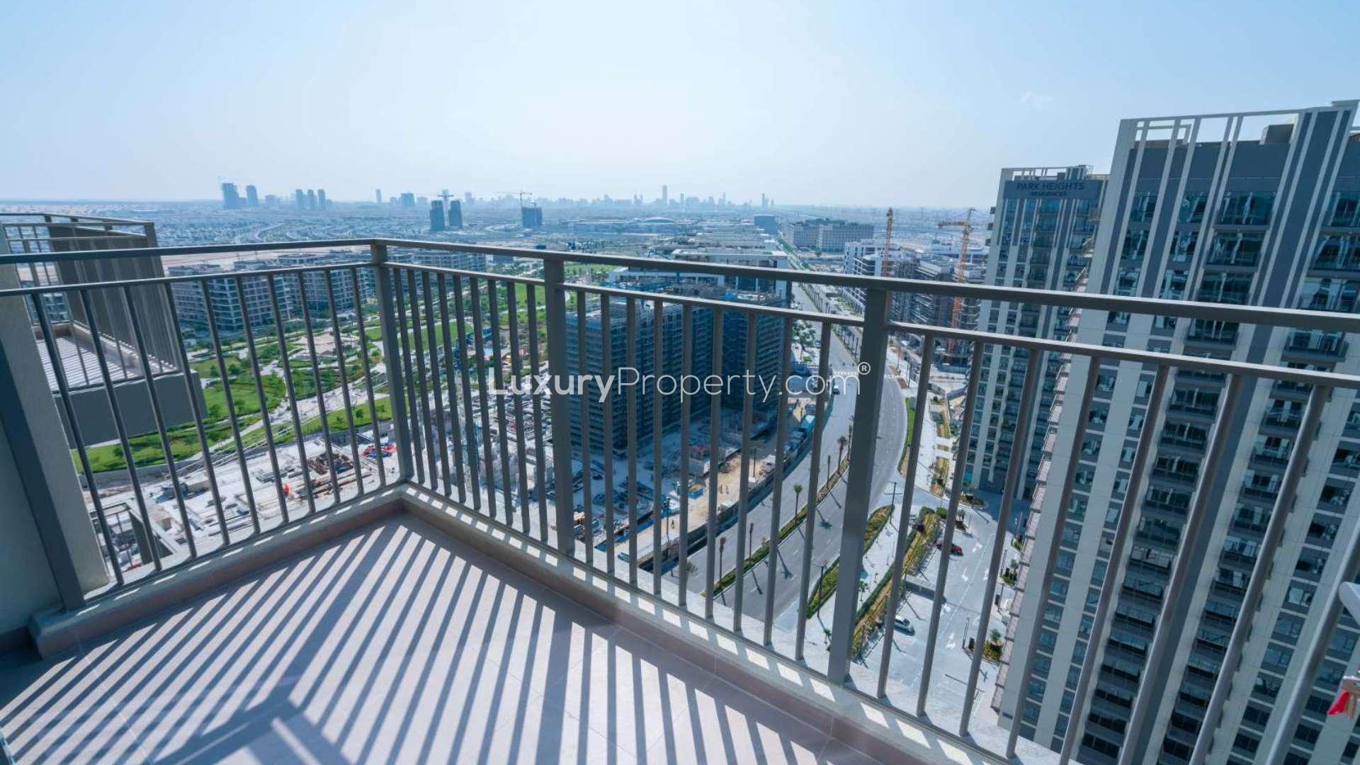 Alt text: "Balcony view from 3-bedroom apartment in Park Heights 2, Dubai Hills Estate.",Balcony view from 3-bedroom corner apartment in Park Heights 2, Dubai Hills Estate