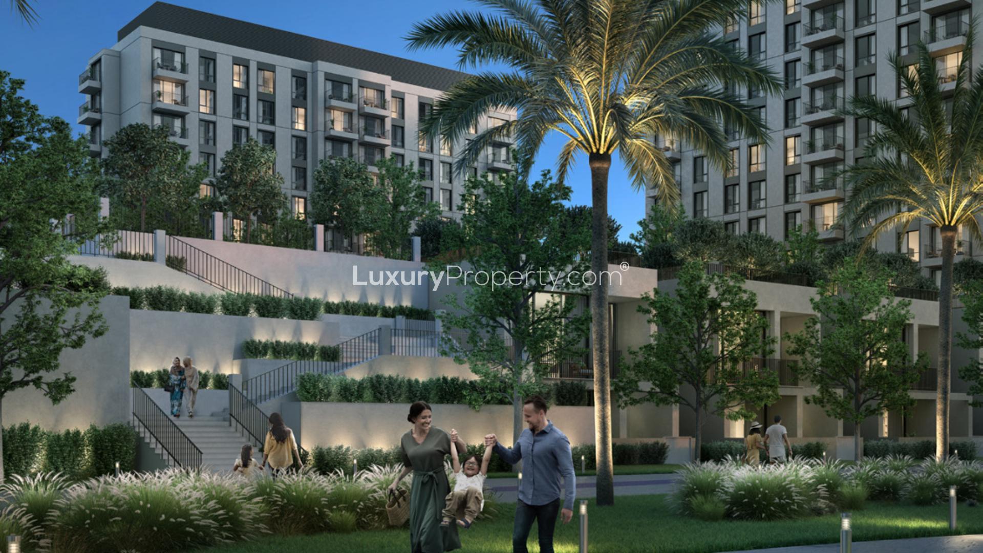Aerial view of lush park in Park Horizon, Dubai Hills Estate community