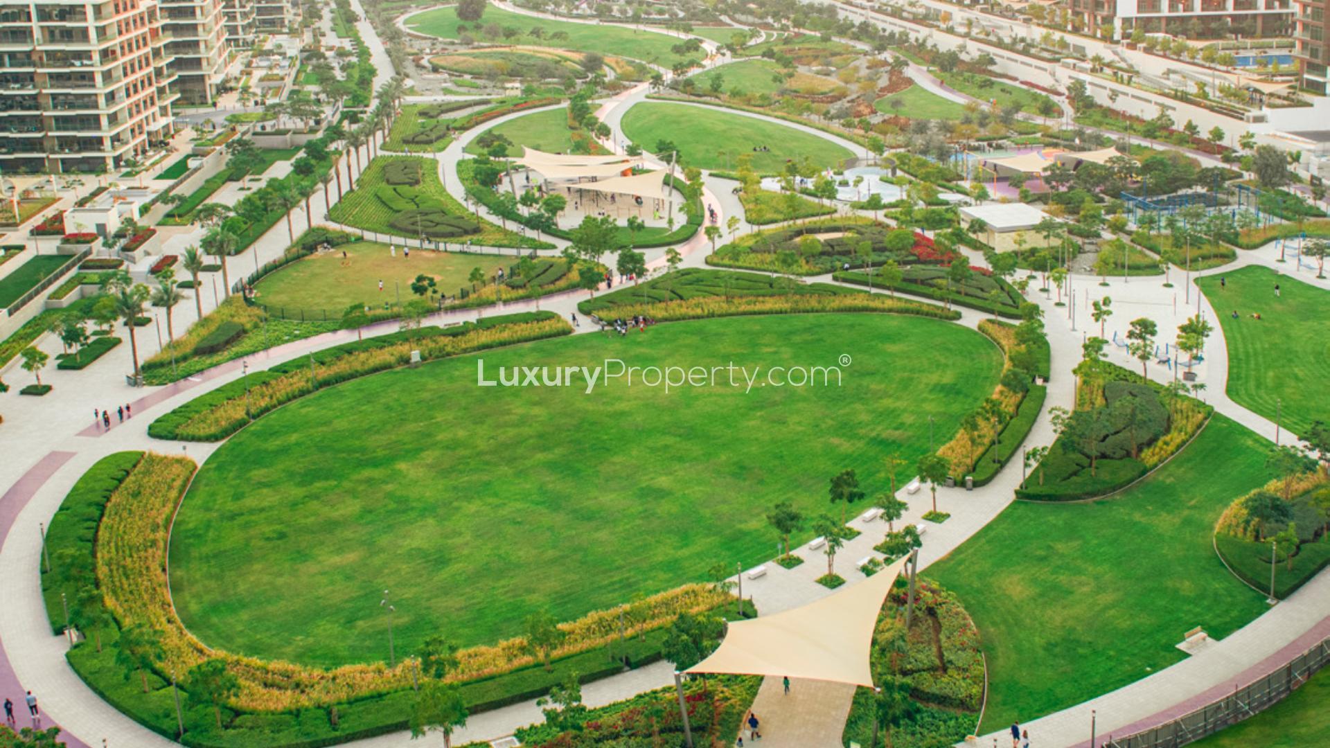 Aerial view of Park Horizon, Dubai Hills Estate, showcasing lush greenery and modern architecture
