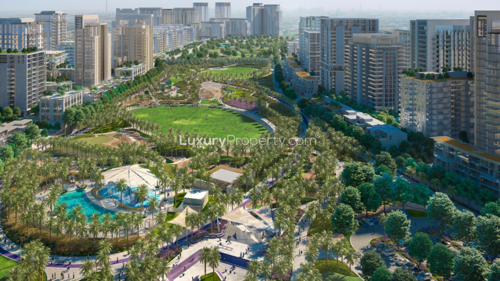 Luxurious pool and garden view at Park Horizon, Dubai Hills Estate apartment for sale