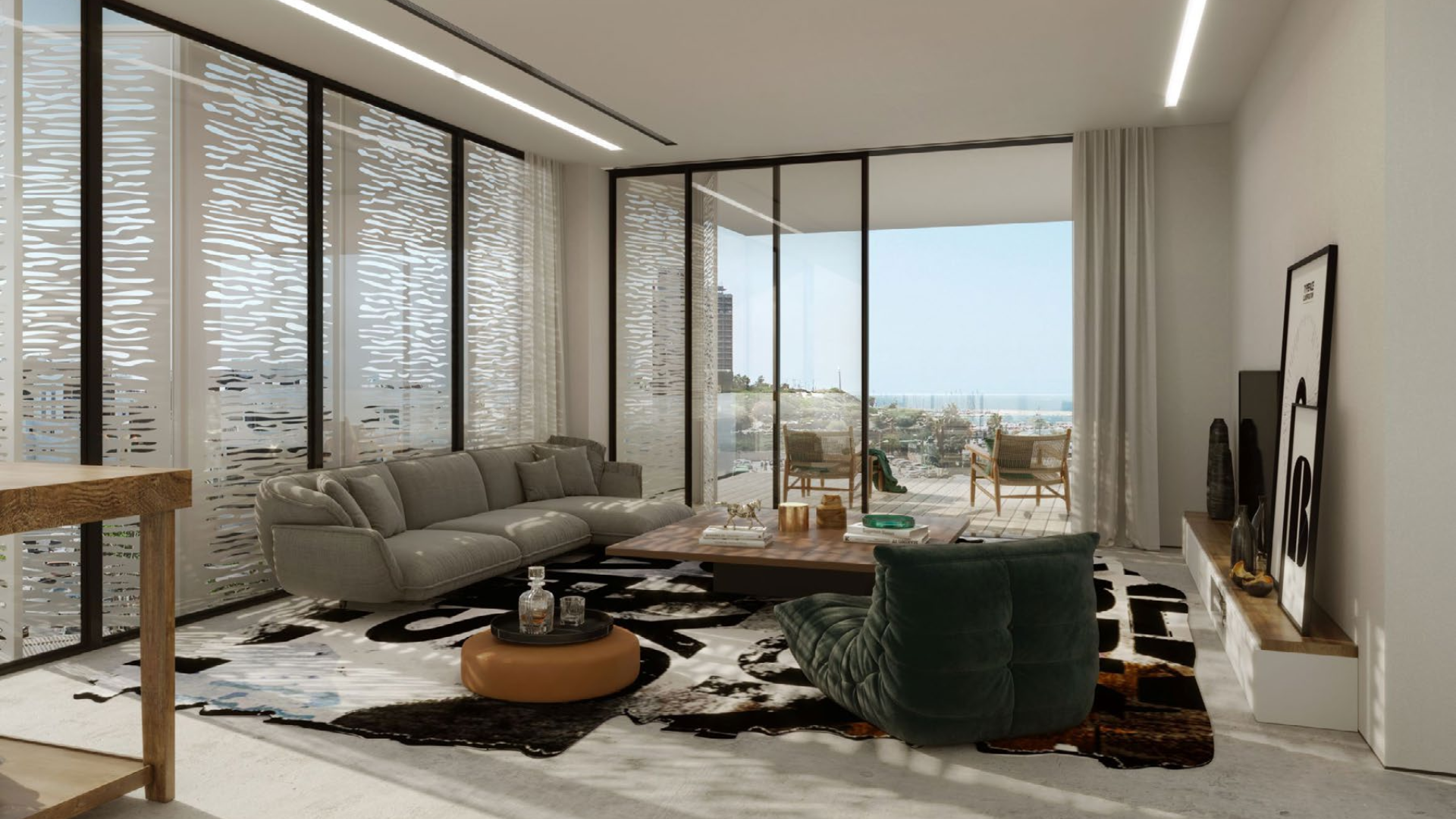 Luxurious living room with sea view in Port Tel Aviv Residences apartment for sale