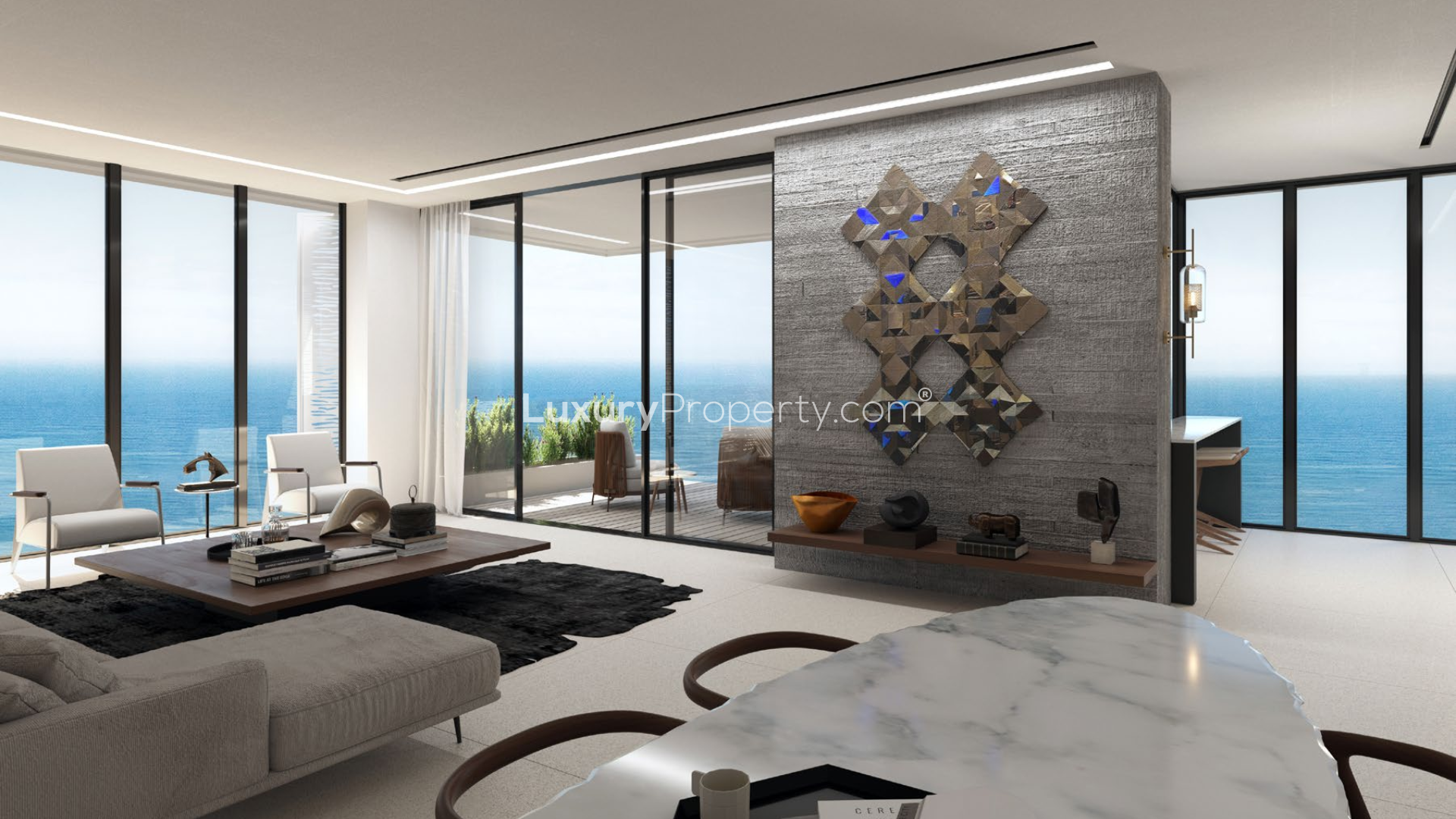 Luxurious living room with ocean view in Port Tel Aviv Residences apartment