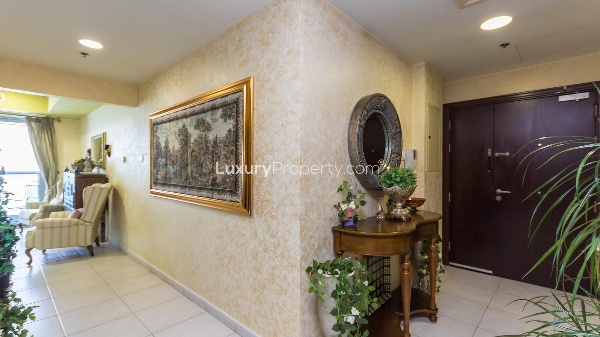 Living room in luxury three-bedroom apartment, Princess Tower, Dubai Marina, elegant interior design