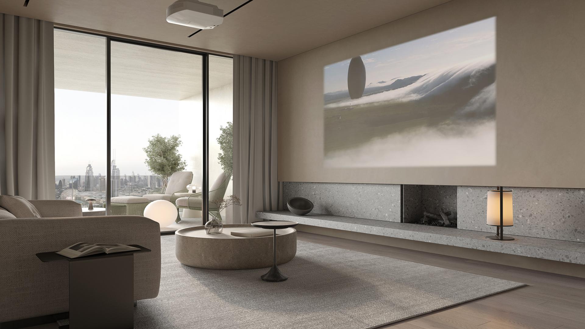 Modern living room in Keturah Reserve apartment, MBR City, Dubai with city view