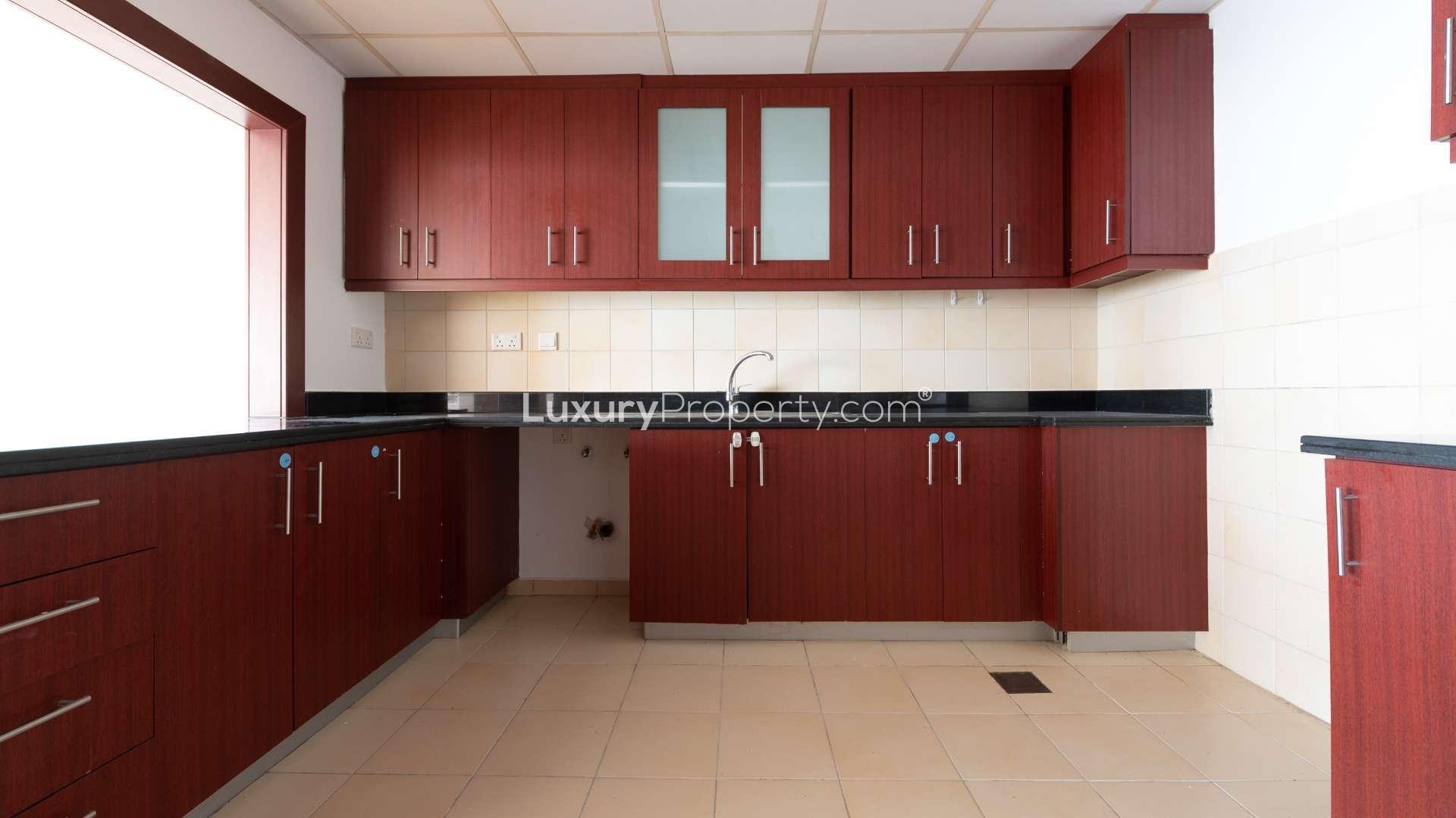 Empty living room with large windows in beachfront apartment, Rimal, Jumeirah Beach Residence