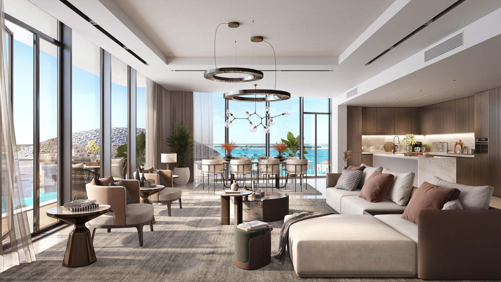 Luxurious living room in three-bedroom Louvre Residences apartment, Saadiyat Island, Abu Dhabi
