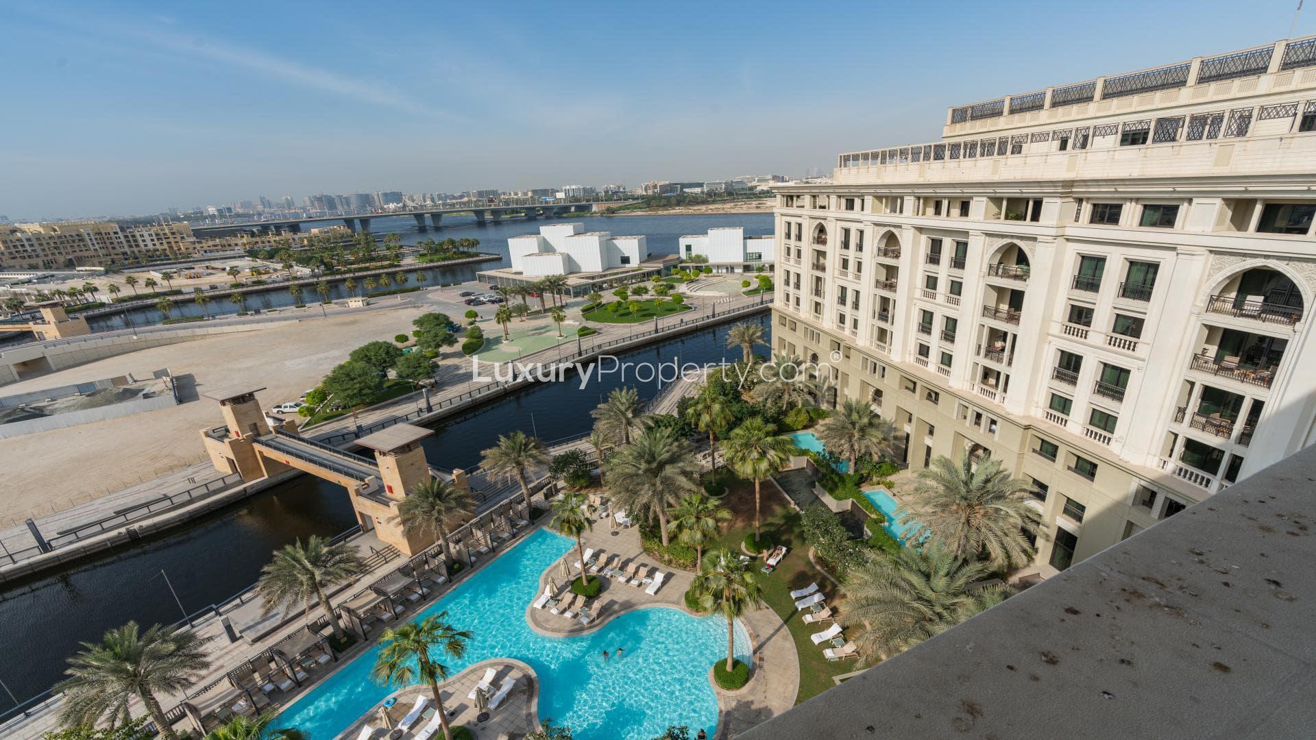 Luxurious living room in Palazzo Versace apartment, Culture Village, featuring elegant decor and views